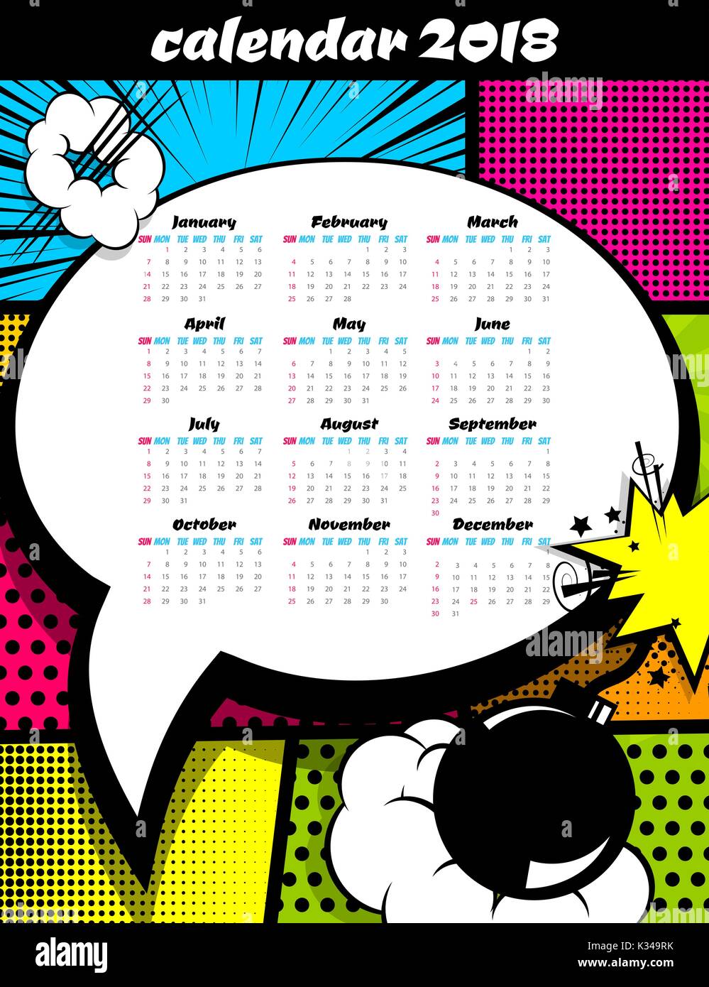 2018 calendar pop art template stock vector art illustration