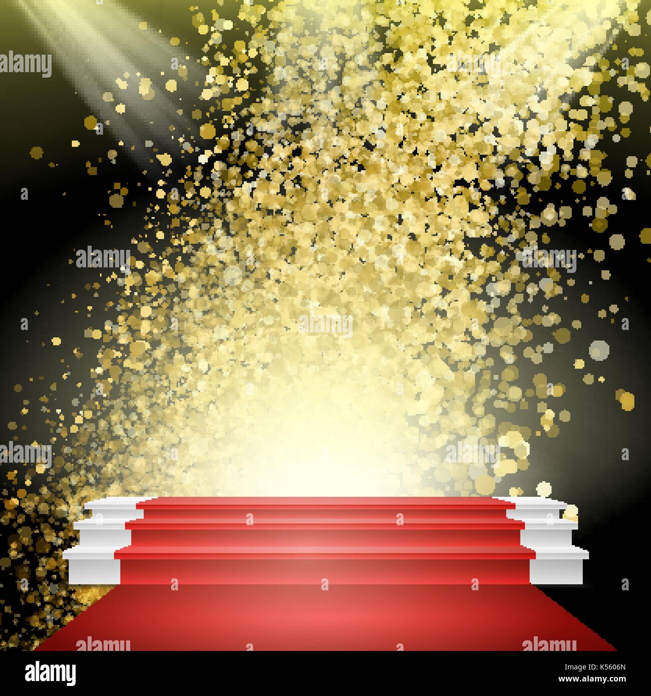 White Winners Podium Vector. Red Carpet. Gold Glitter Cloud Or Stock