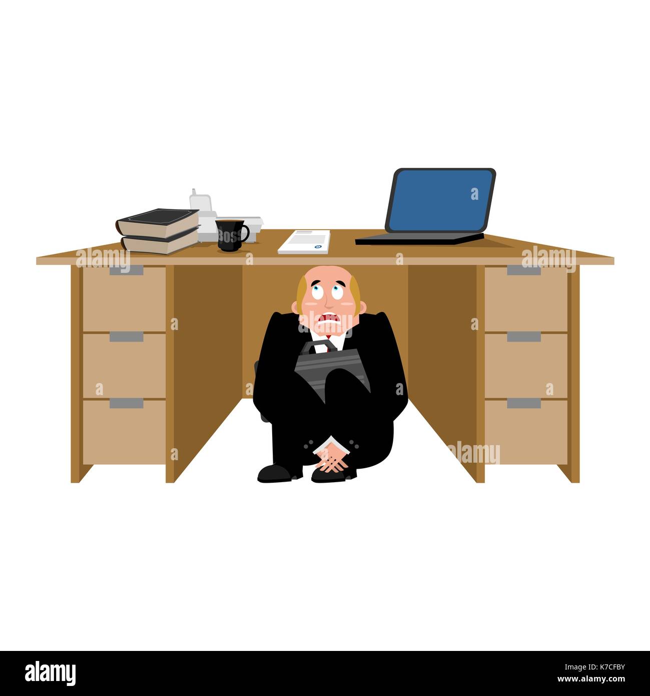 Businessman scared under table. frightened business man under work