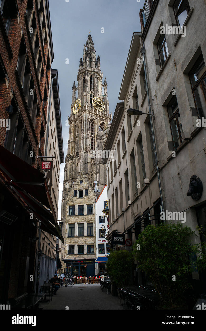 Streets Of Antwerp Seen Through Narrow Street Hi Res Stock Photography