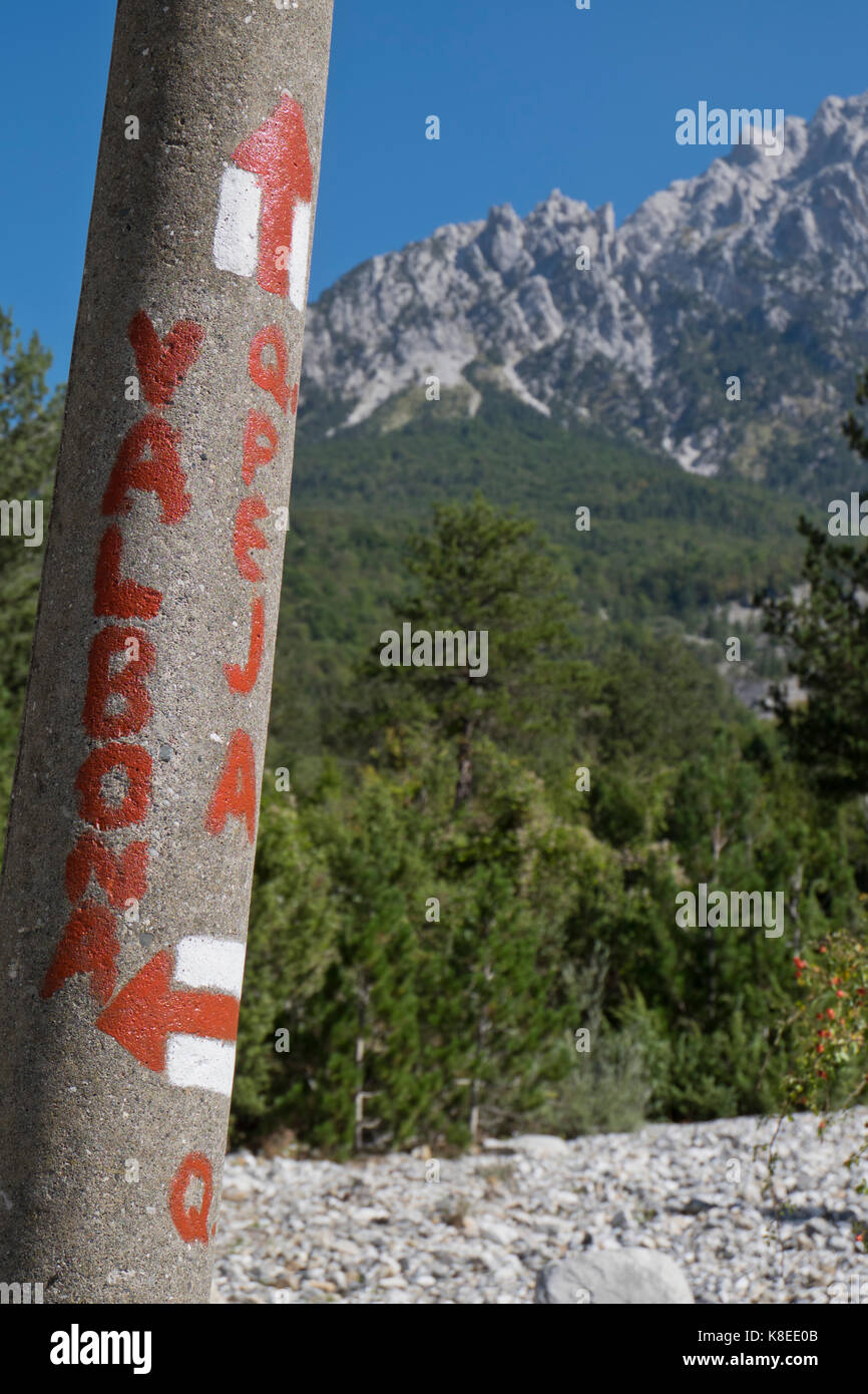 Signs For Trails In The Albanian Alps Near Thethi On The Western