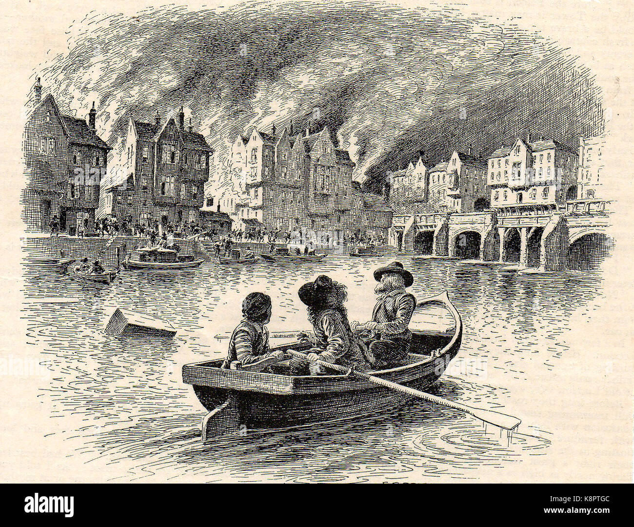 A 1930's illustration of the Great Fire of London (1666) from the river Thames