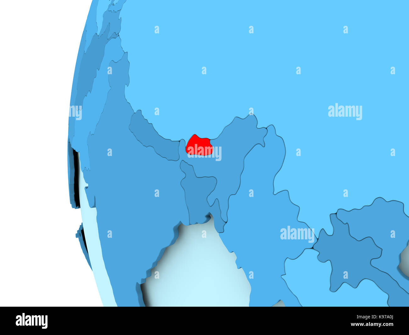 D Render Of Bhutan In Red On Blue Political Globe D Illustration