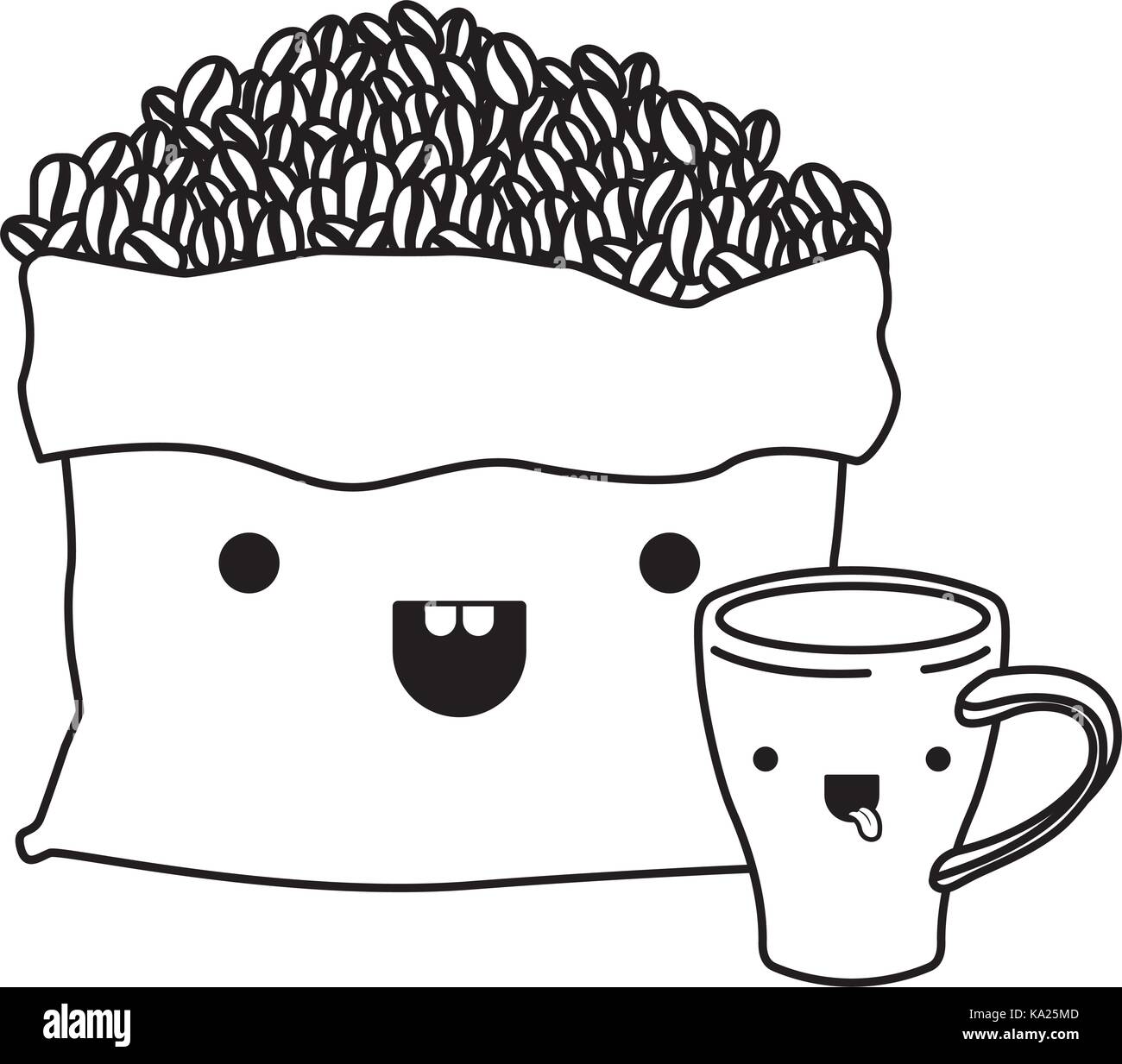 Bag With Beans And Cup Of Coffee Monochrome Kawaii Silhouette Bag With Beans And Cup Of Coffee Monochrome Kawaii Silhouette