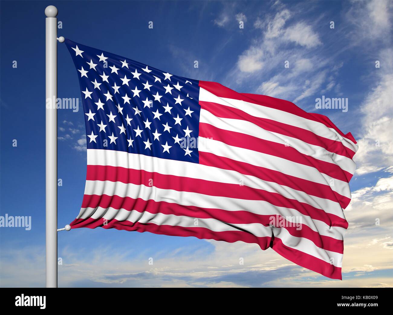 Waving Flag Of Usa On Flagpole On Blue Sky Background Stock Photo Alamy