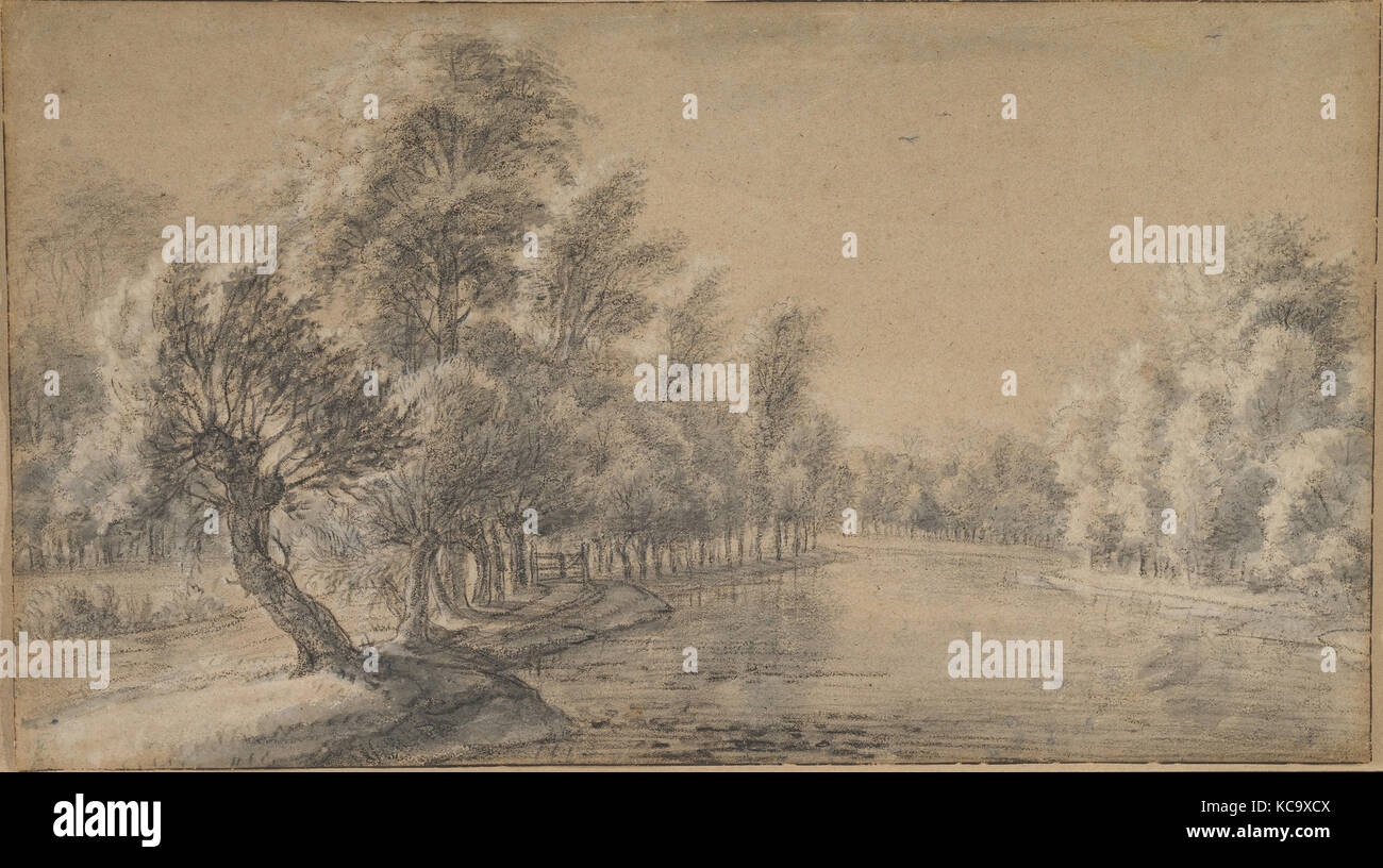 river landscape 17th century black and white chalk brush and gray