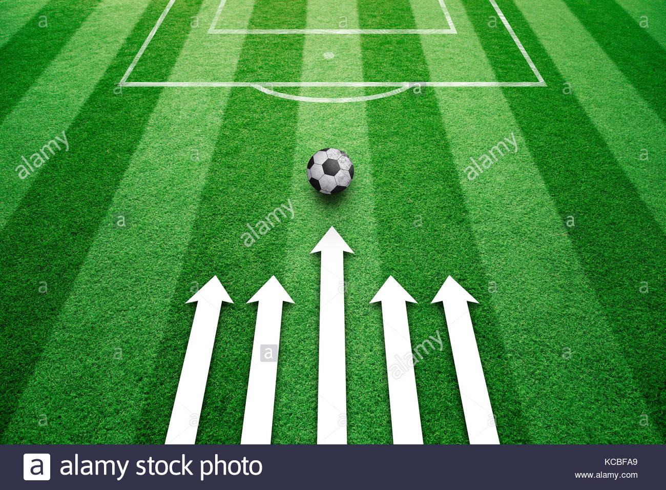 Conceptual football field strategy planning with soccer ball, arrows