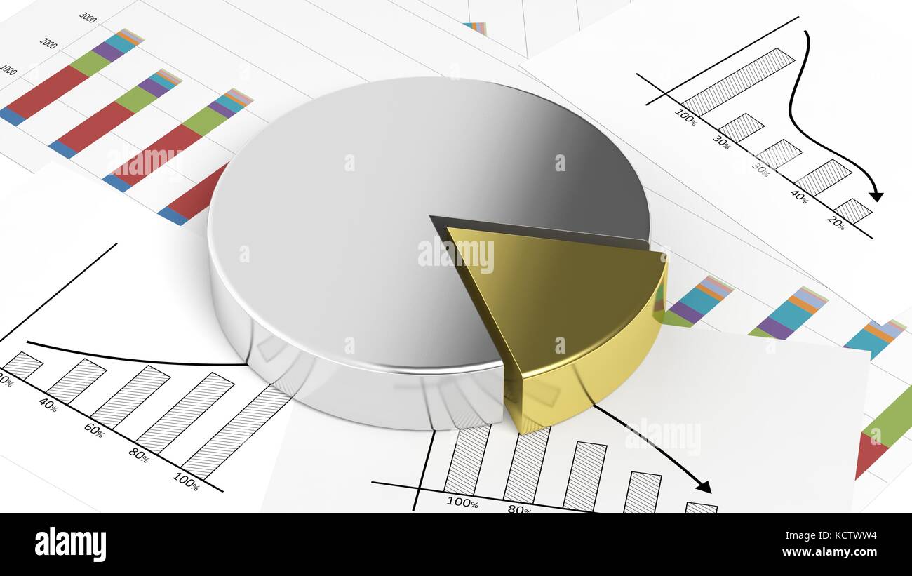silver and gold business pie chart on documents stock photo