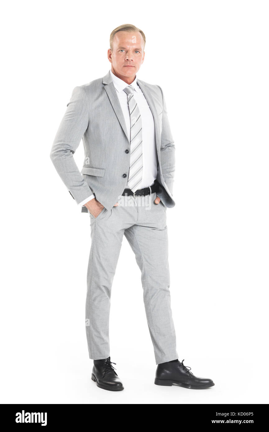 Portrait Of Mature Business Man In Gray Suit Isolated On White