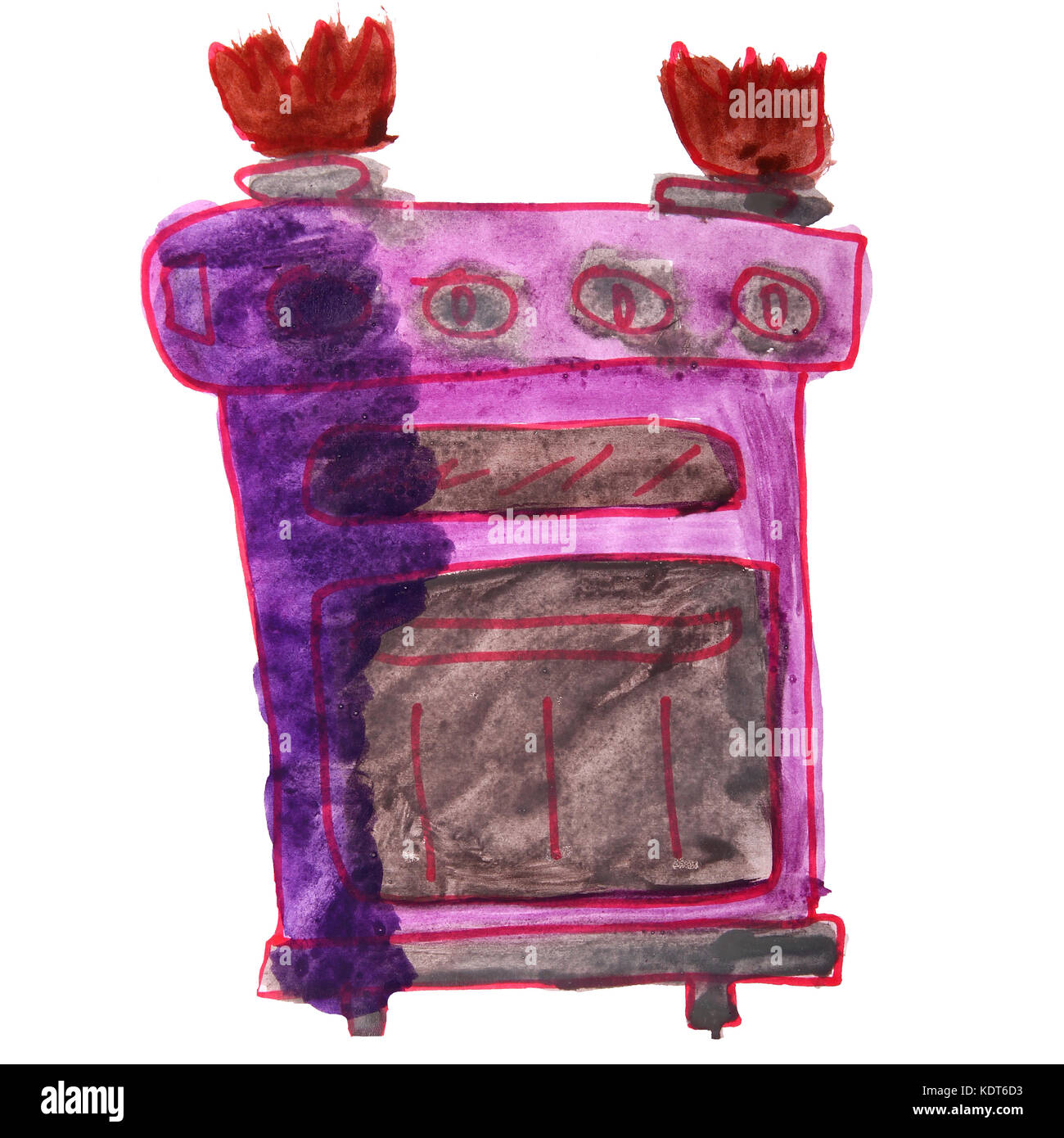 Watercolor Drawing Kids Cartoon Gas Stove On A White Background Watercolor Drawing Kids Cartoon Gas Stove On A White Background