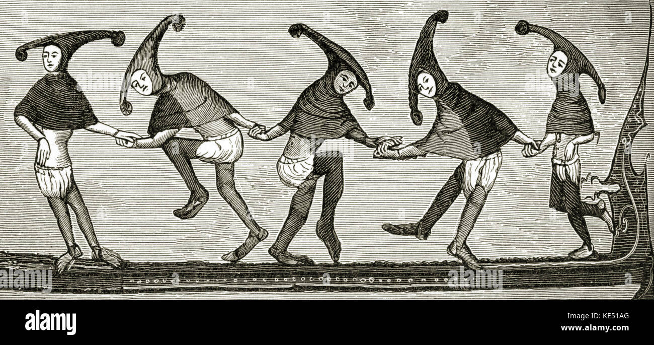 Dancers performing the Morris Dance - c. 1338-1344. Minstrel hats.