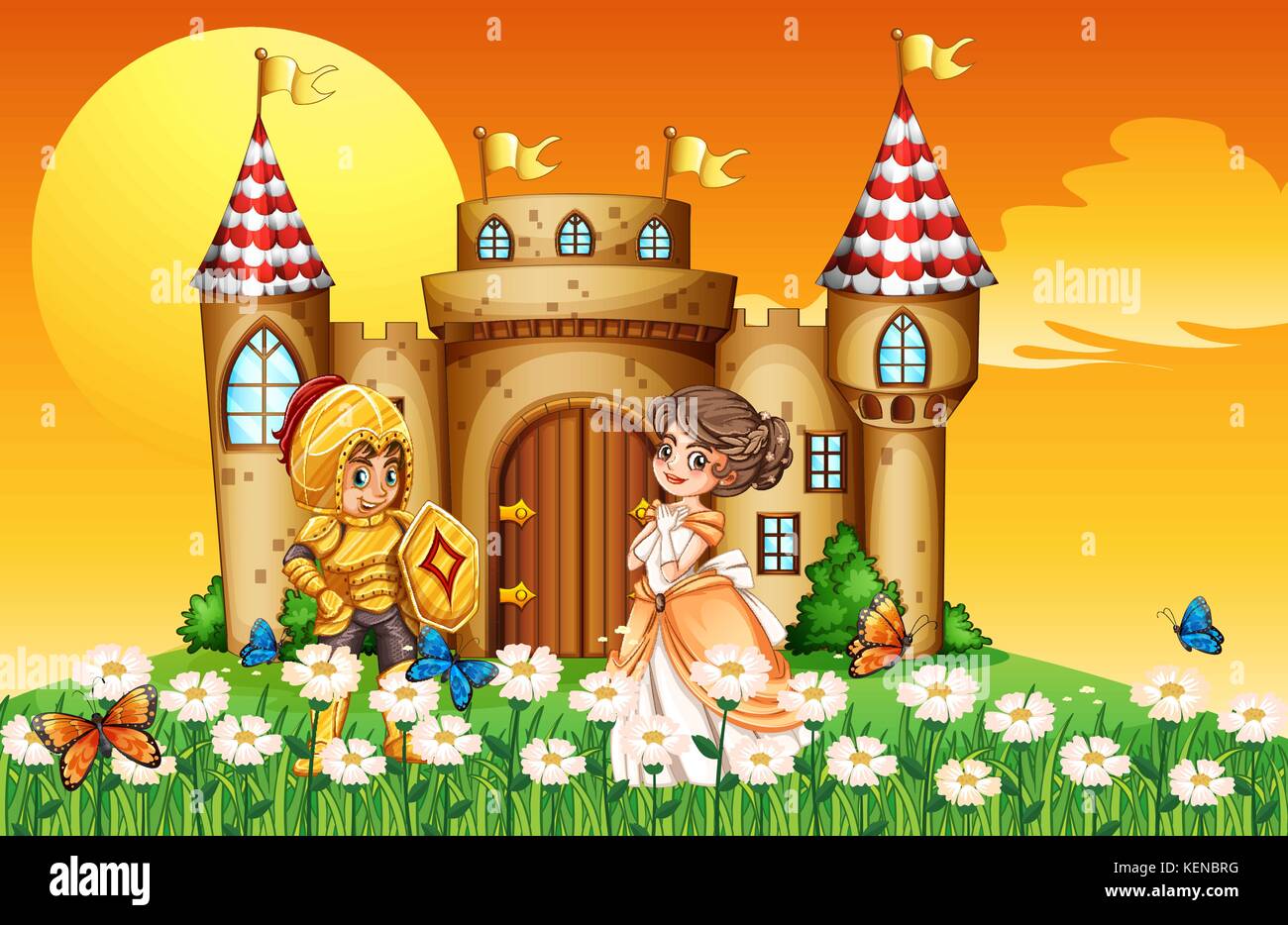 a princess and a knight outside the castle stock vector art