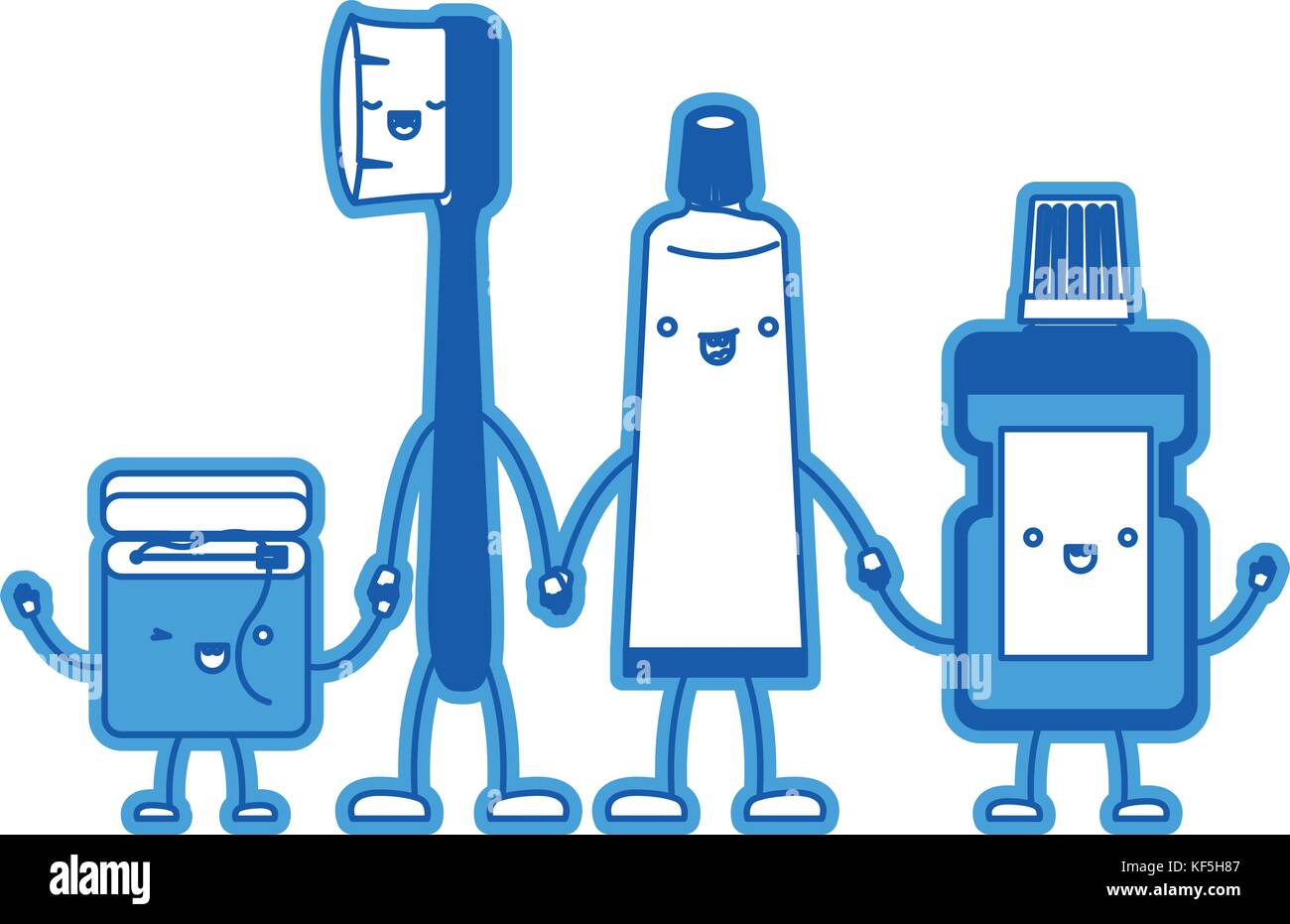 dental floss and toothbrush and toothpaste and mouthwash in cartoon