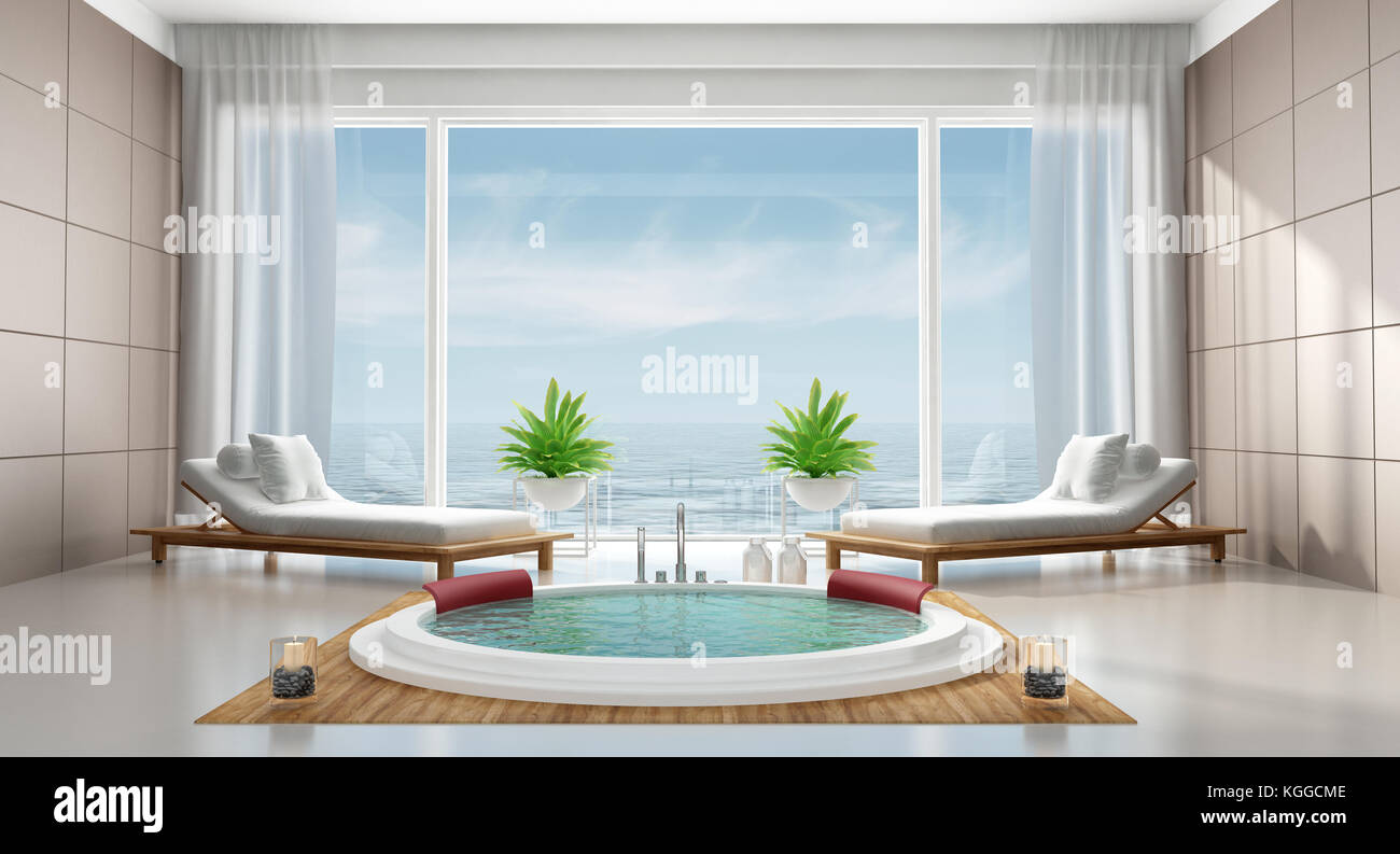 Luxury modern bathroom with round bathtub,chaise lounges, and large ... Luxury modern bathroom with round bathtub,chaise lounges, and large ...