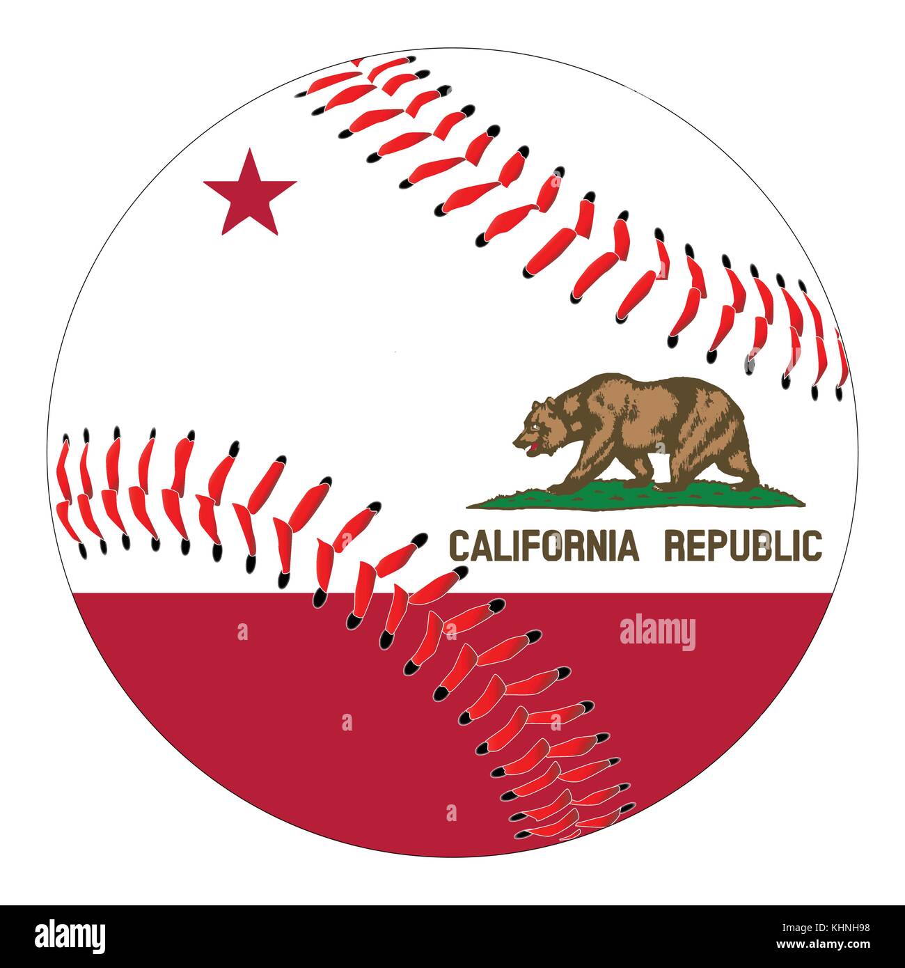 A New White Baseball With Red Stitching The California State Flag Overlay Isolated On A New White Baseball With Red Stitching The California State Flag Overlay Isolated On