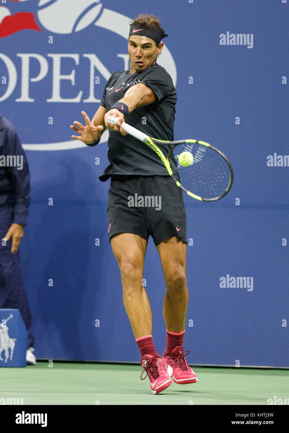 Spanish Tennis Player Rafael Nadal Esp Plays Forehand Shot During Men