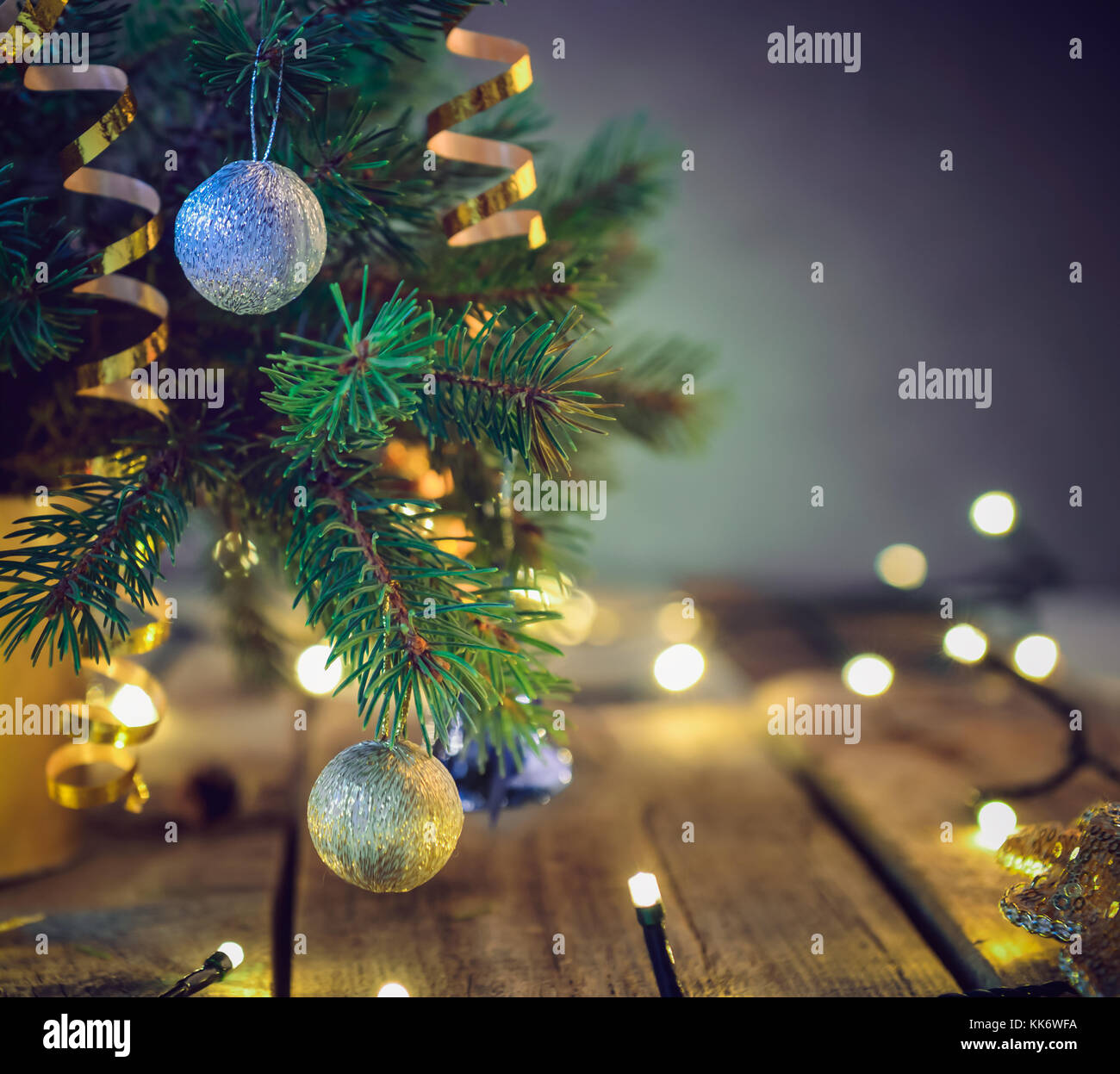 composition of christmas tree in vase with decorations and lights on the wooden vintage table retro style christmas background soft selective focus - Christmas Vase Decorations composition of christmas tree in vase with decorations and lights on the wooden vintage table retro style christmas background soft selective focus - Christmas Vase Decorations