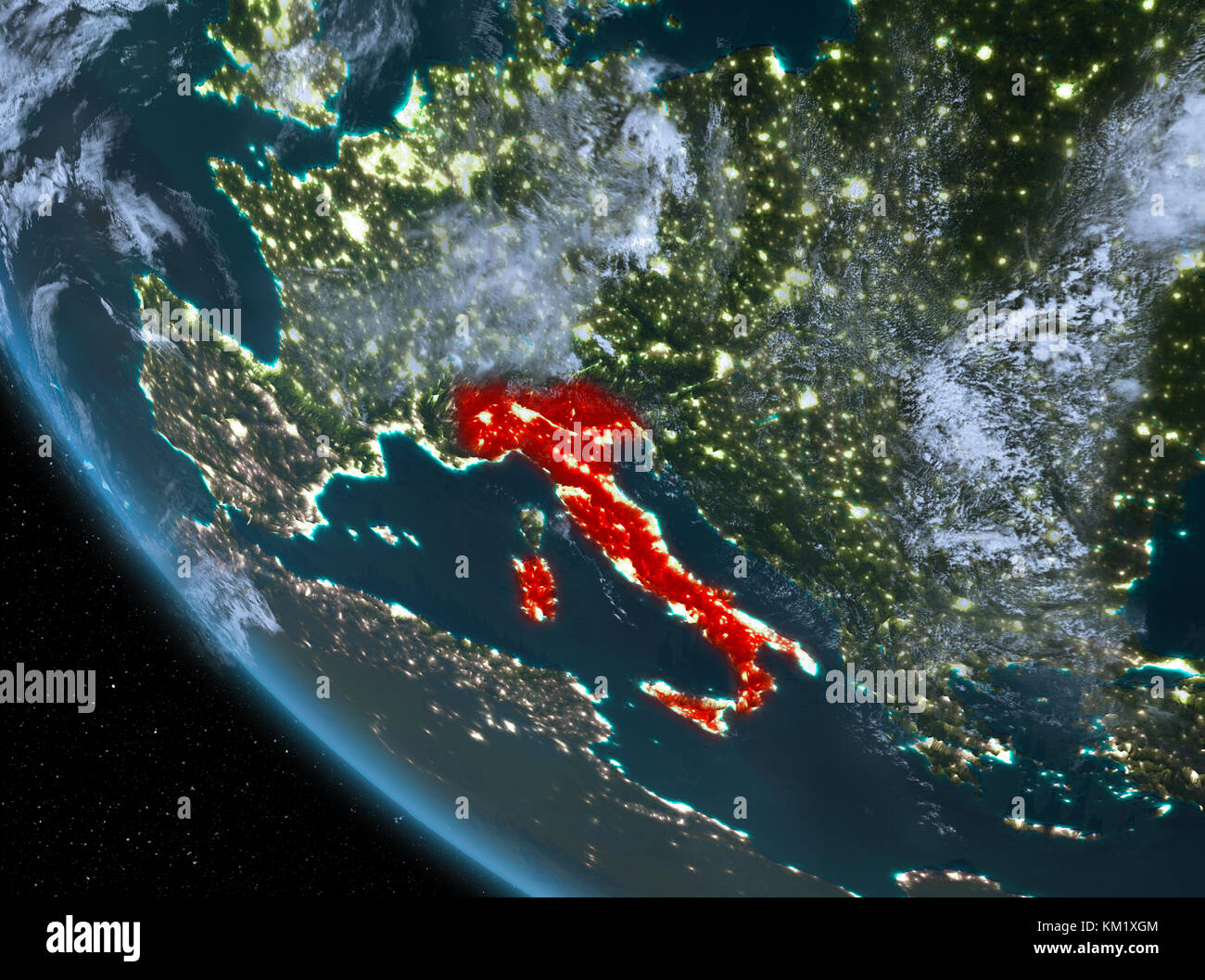 Italy At Night Highlighted In Red On Planet Earth With Clouds D