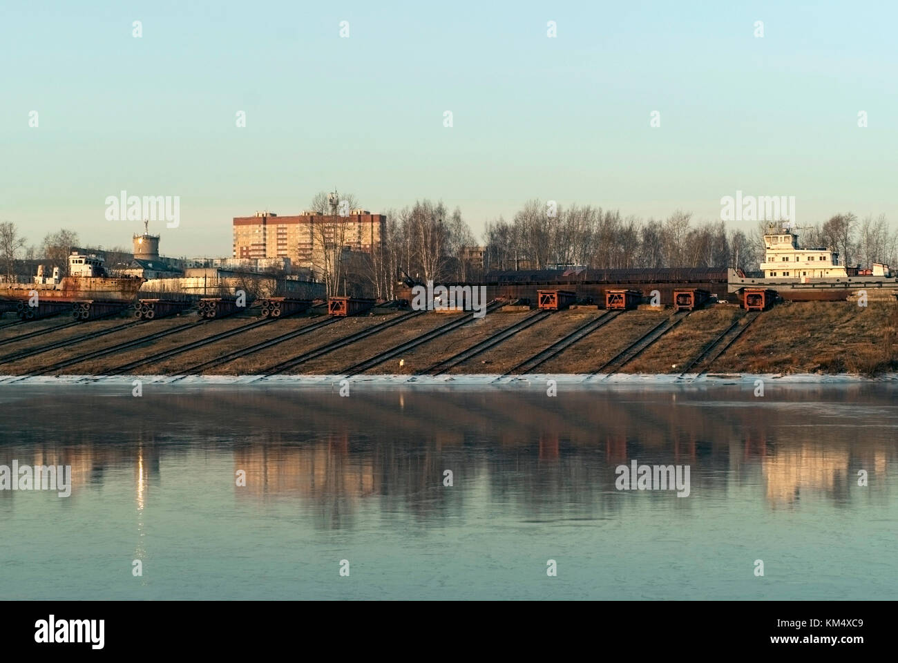 slipways with roller pallets of ship repair yard for river vessels