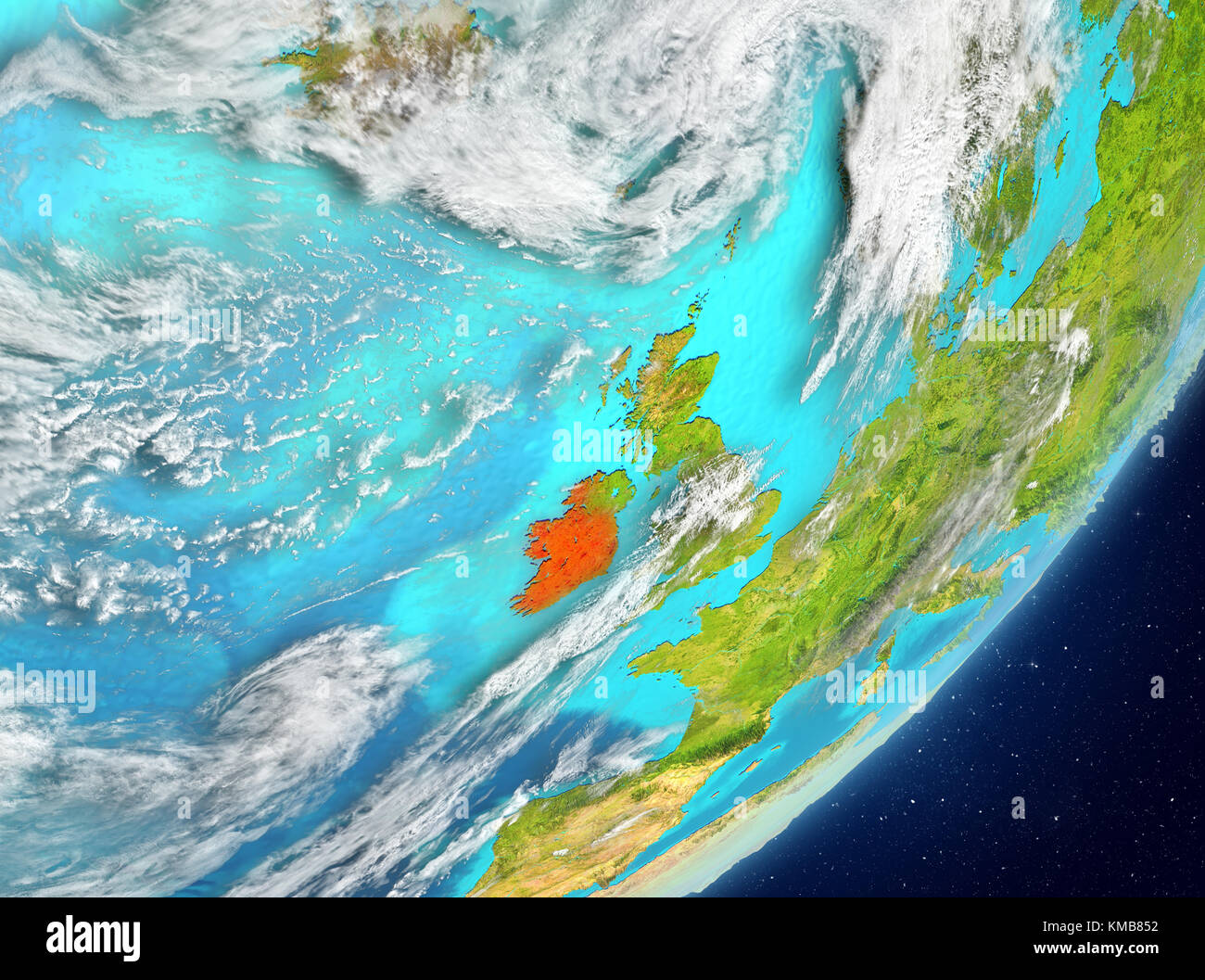 Satellite View Of Ireland Highlighted In Red On Planet Earth With