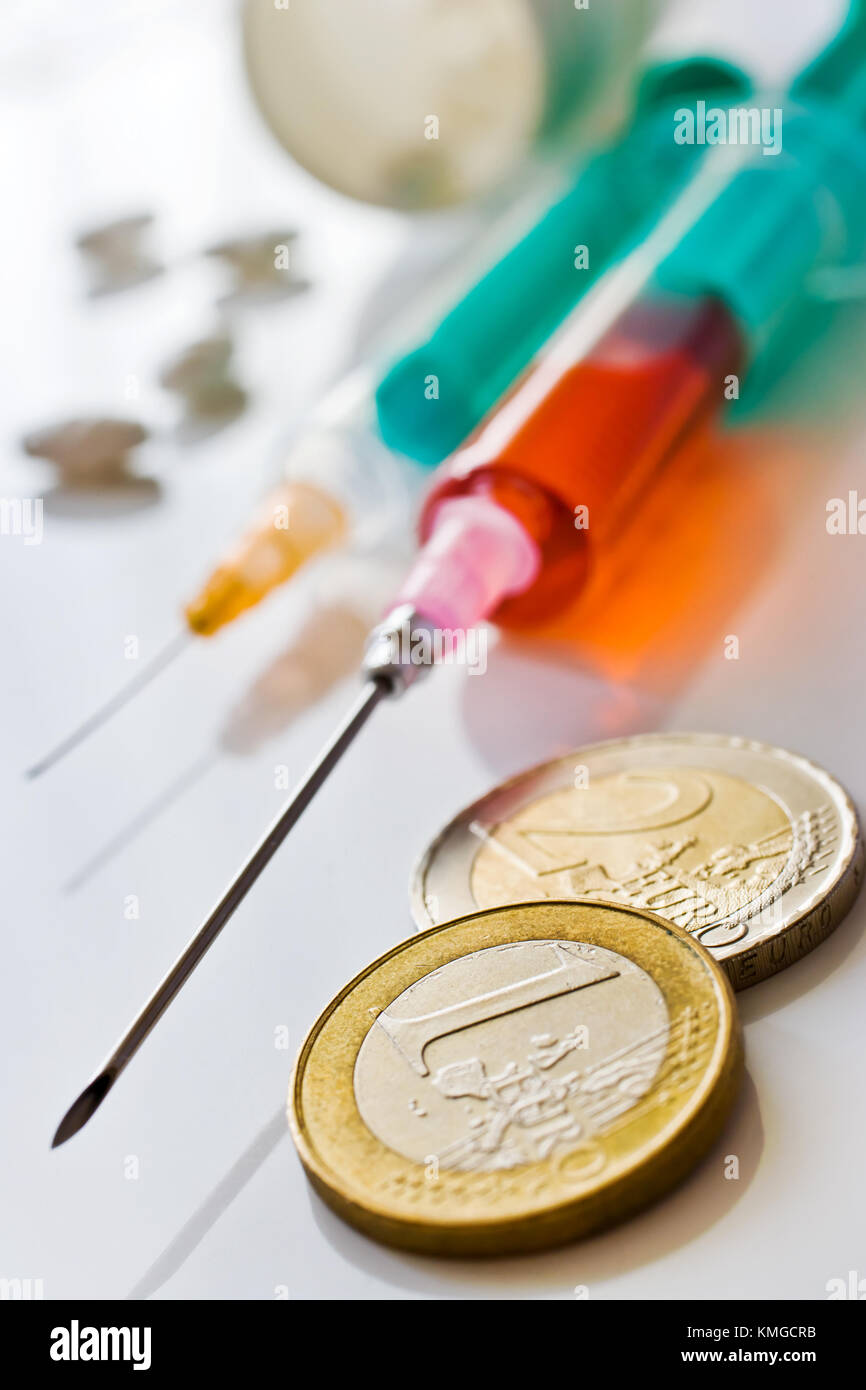 Different Pills And Syringe With Euro Money Healthcare Cost Concept