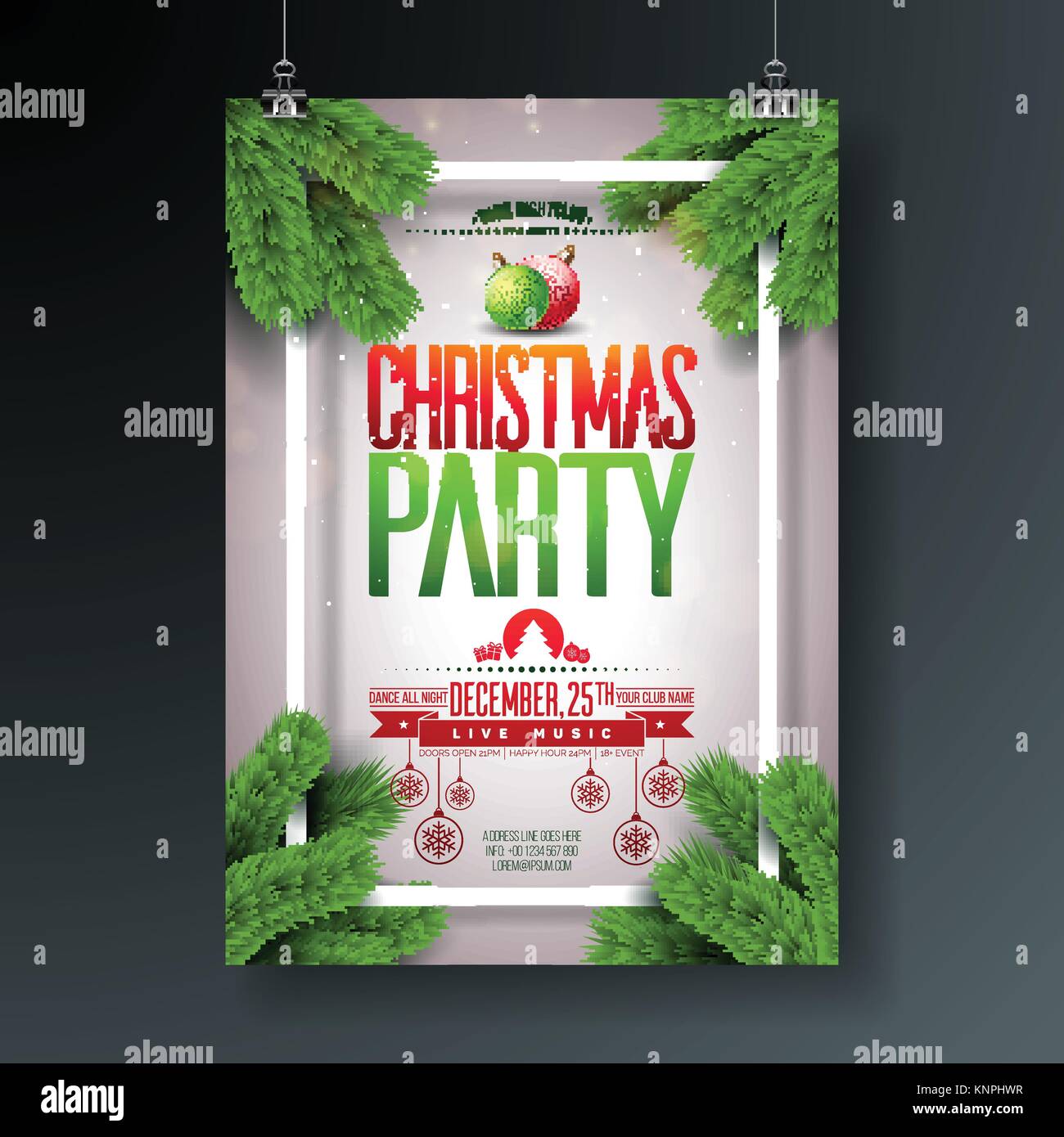 Christmas Party Flyer Ideas Part - 42: Vector Christmas Party Flyer Design With Holiday Typography Elements And Ornamental Ball, Pine Branch On Shiny Light Background.