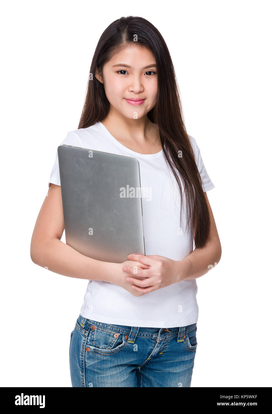 Asian Woman Hold With Laptop Computer Stock Photo Alamy