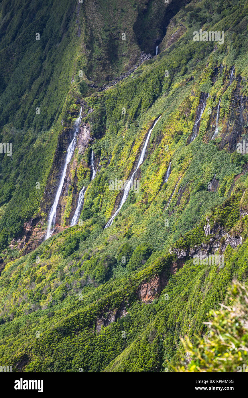 Azores Landscape With Waterfalls And Cliffs In Flores Island Portugal