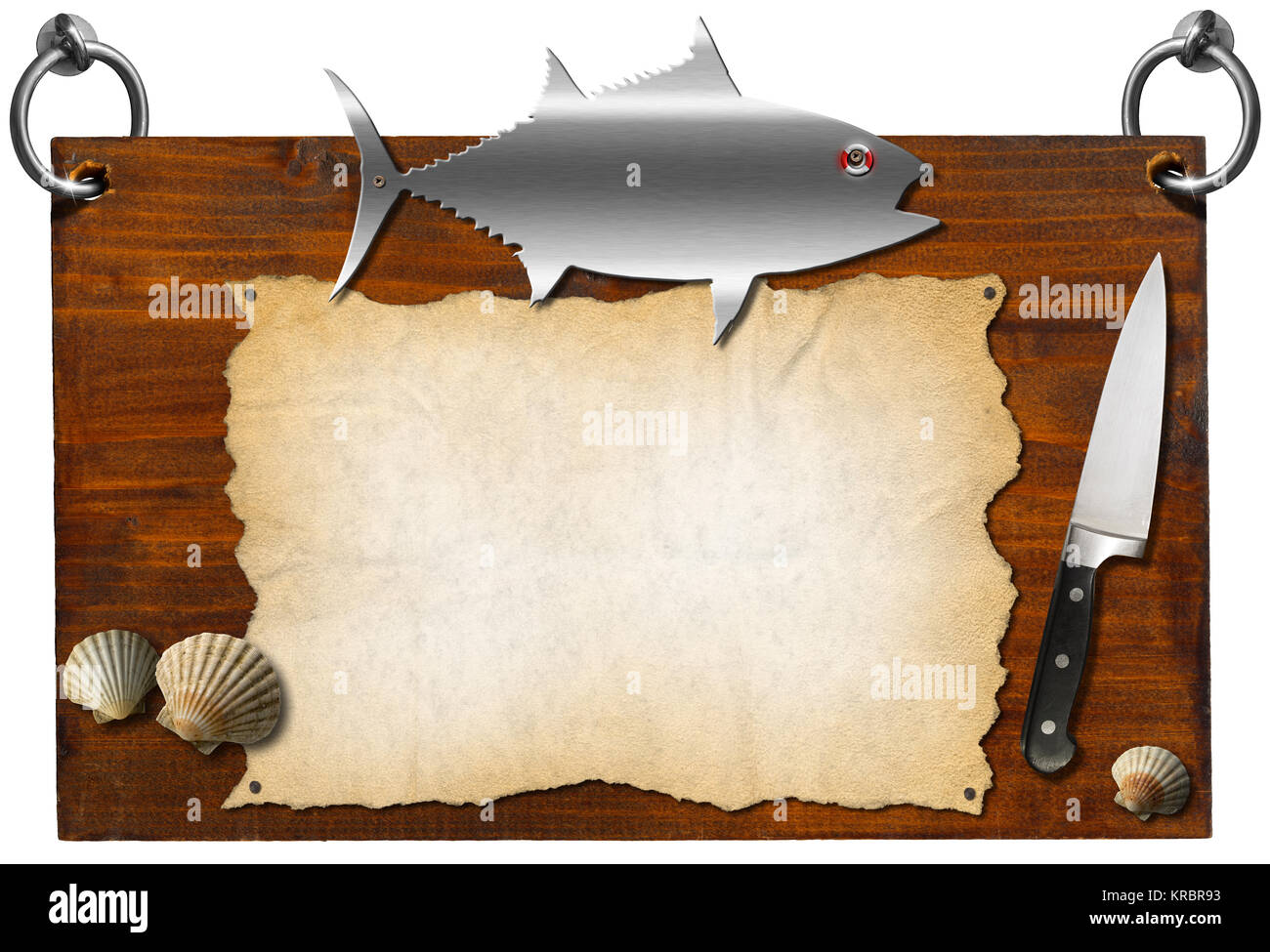wooden dark brown signboard with metal fish and kitchen knife stock
