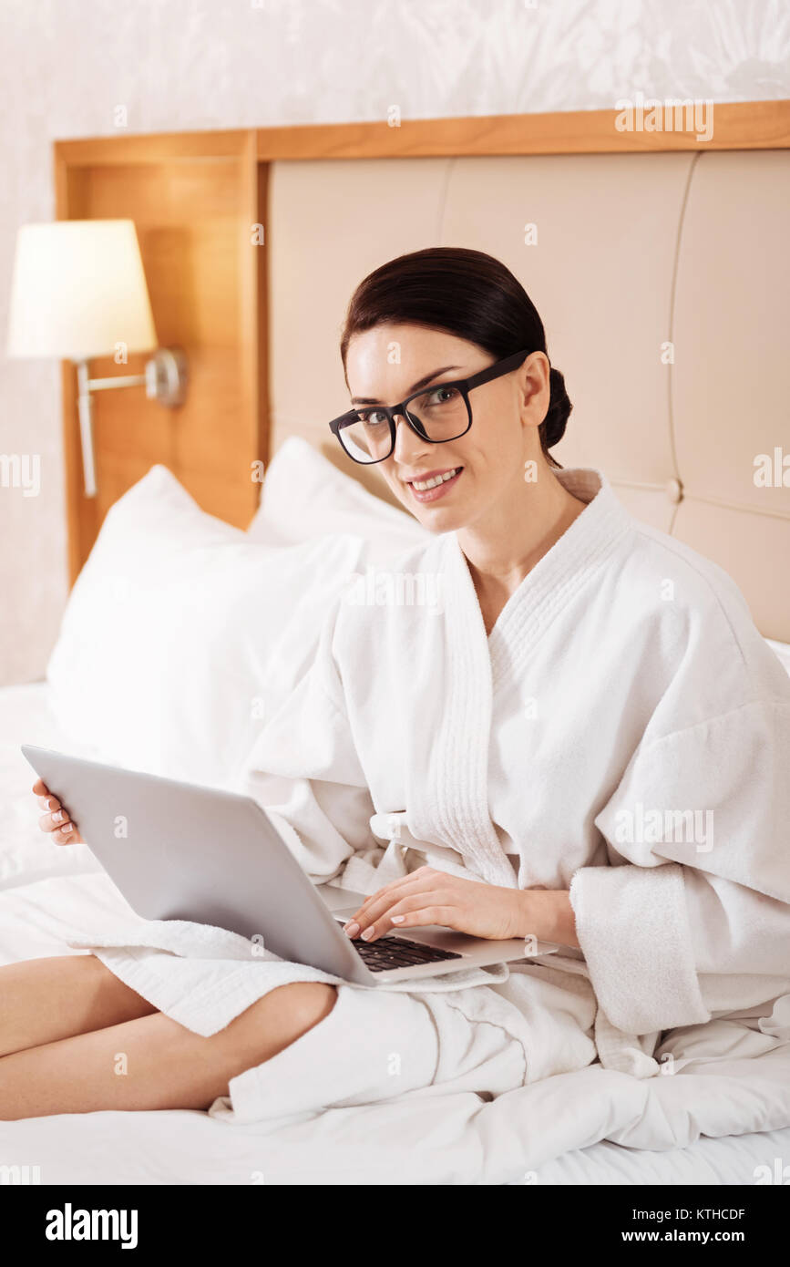 Optimistic Brunette Woman Working With Laptop Stock Photo Alamy