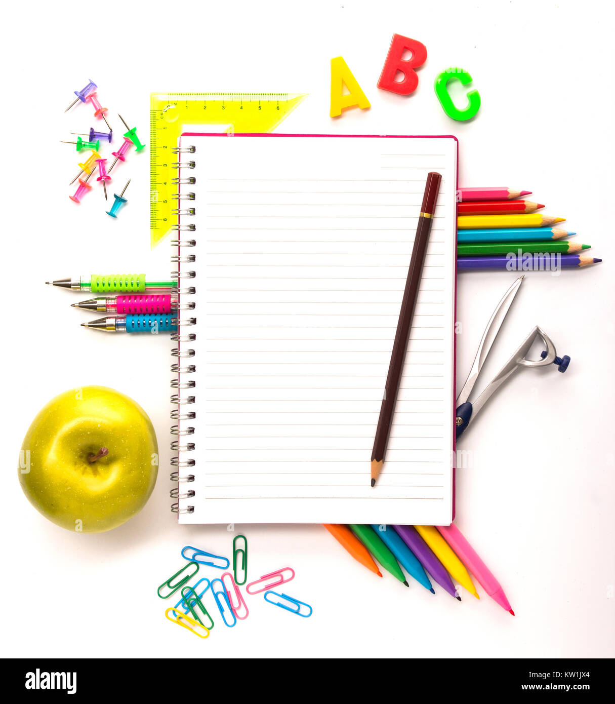 Notebook With Stationary Objects Stock Photo Alamy