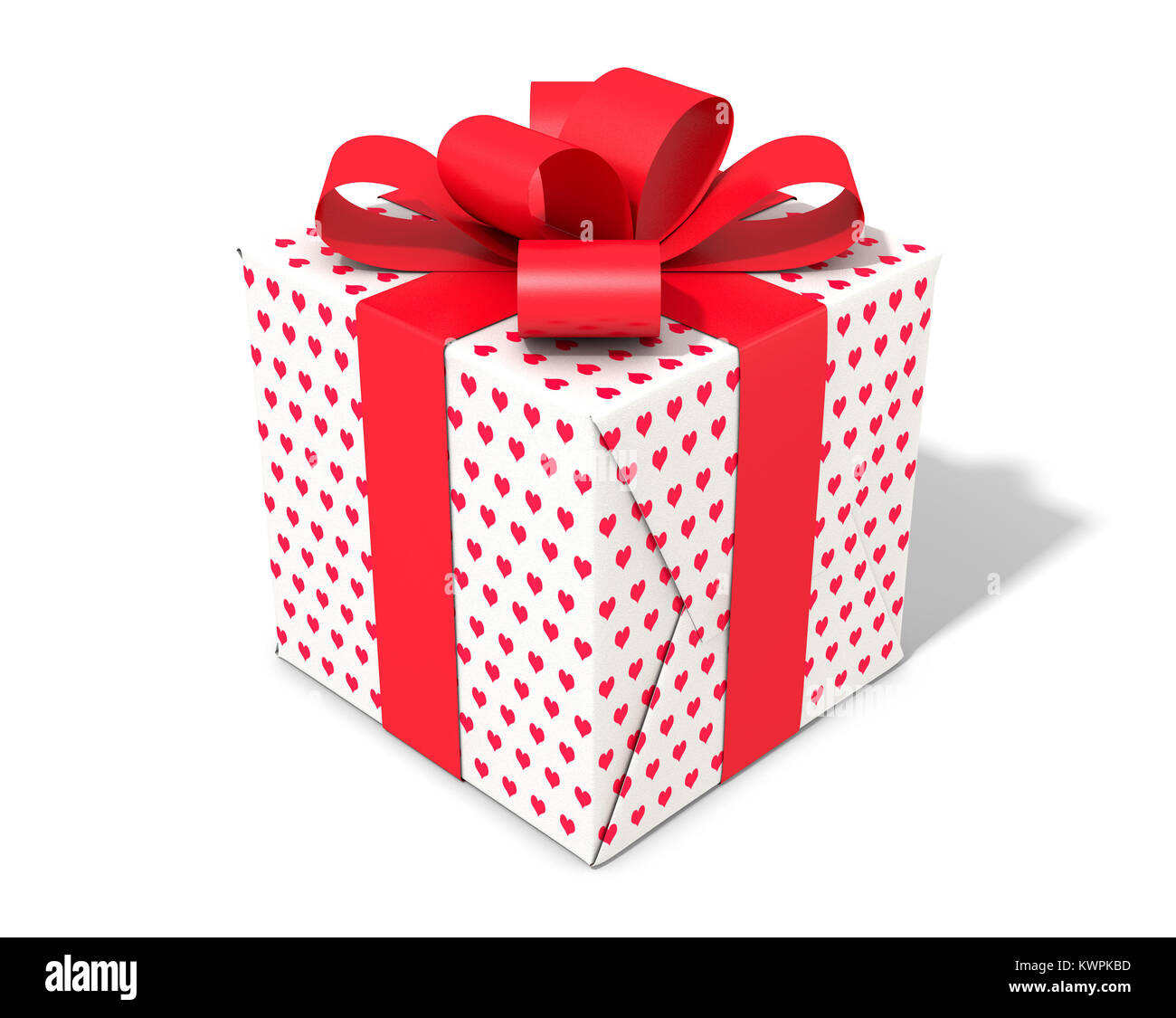 A cube shaped gift wrapped in heart patterned wrapping paper and Stock