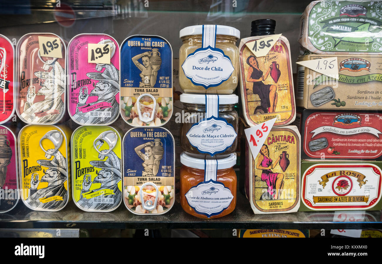Traditional Canned tuna, sardines and other delicacys in a shop Stock