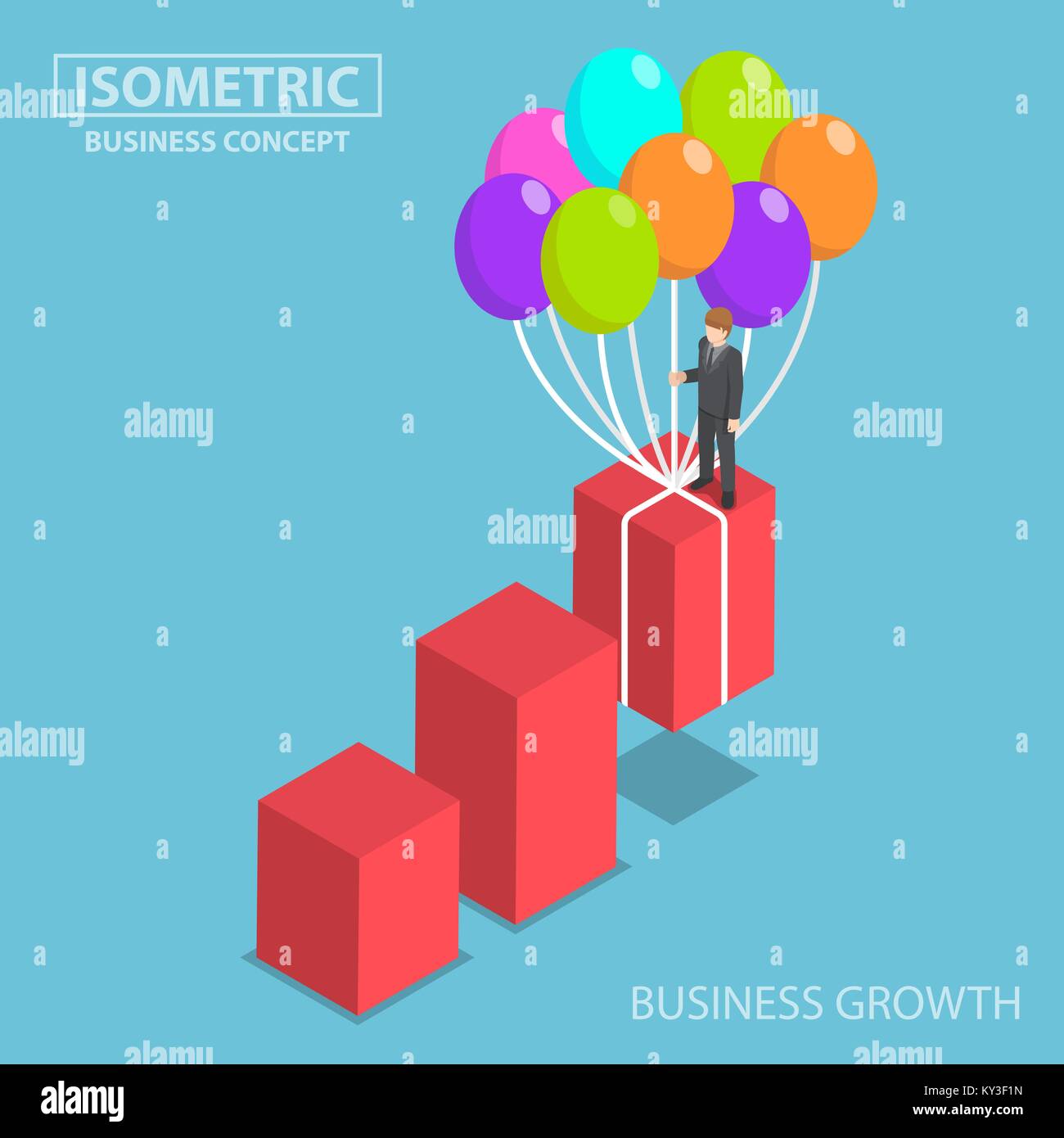 Flat D Isometric Businessman Grow Up Graph By Balloon Business Growth