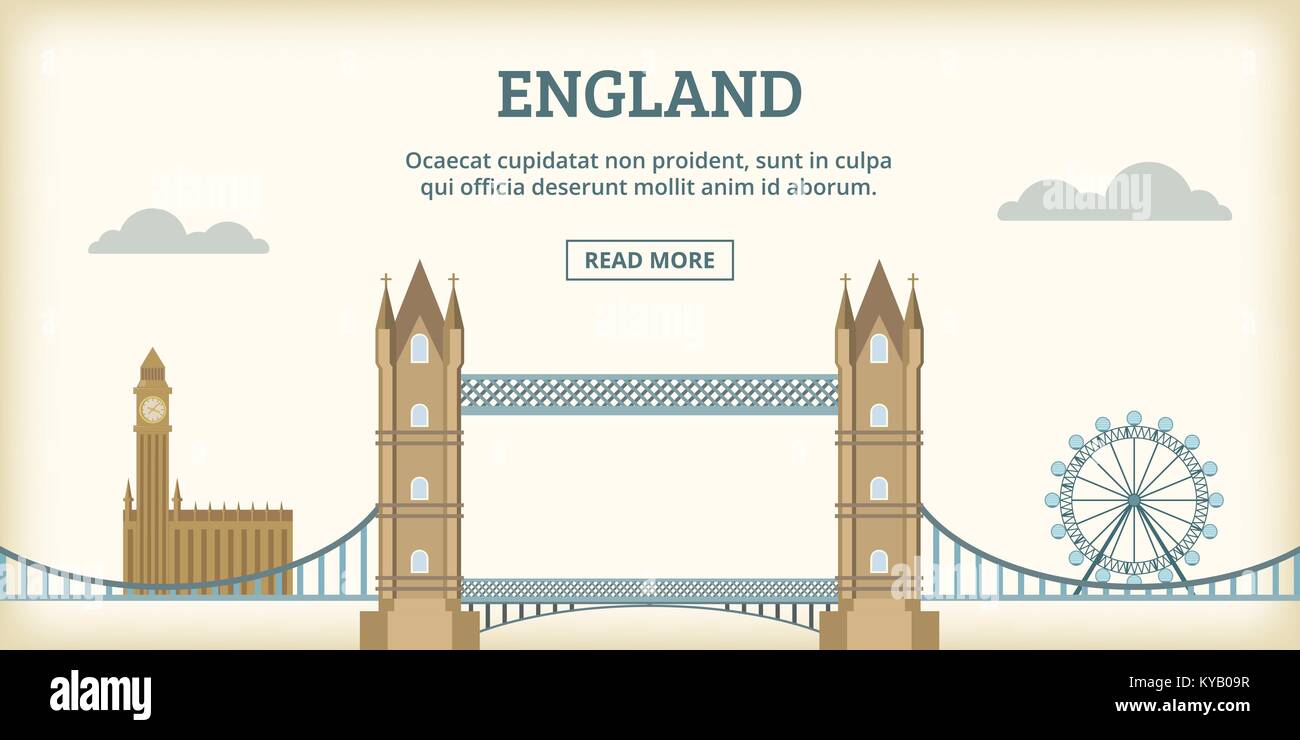 English Landmarks Banner Horizontal Concept Cartoon Illustration