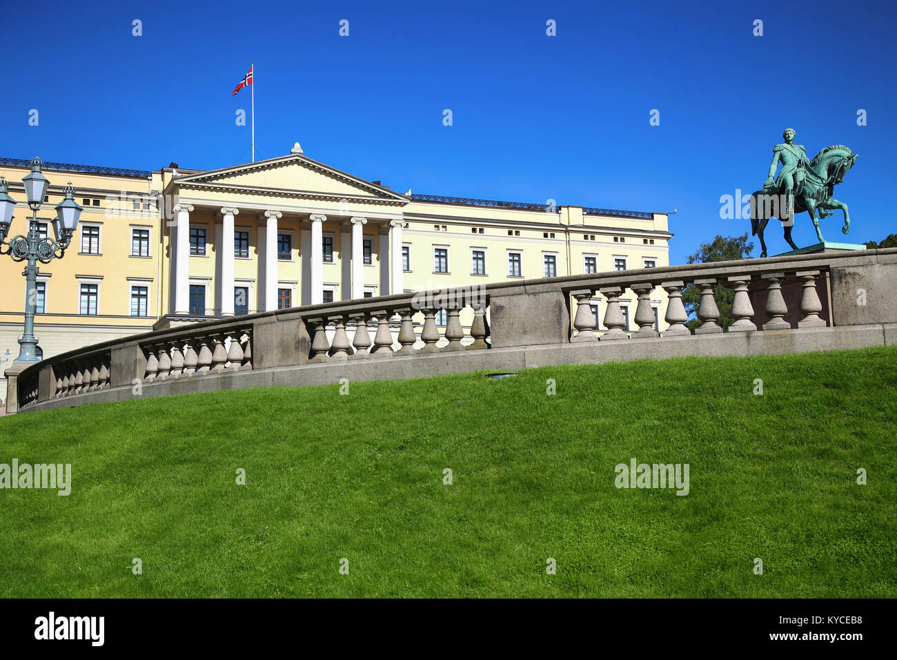 The Royal Palace And Statue Of King Karl Johan XIV In Oslo Norway