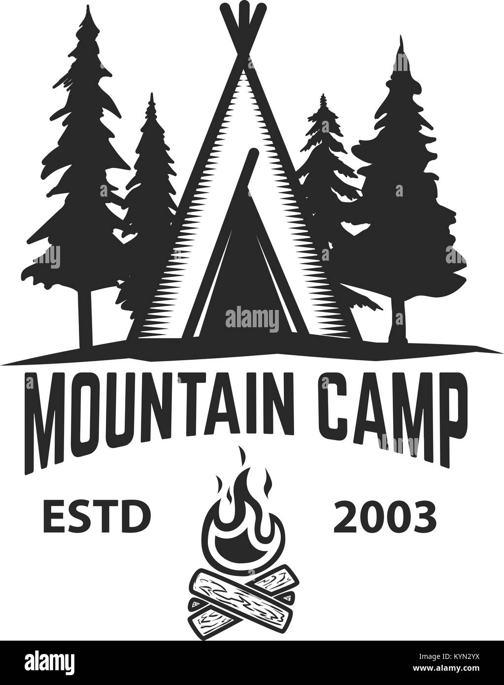 mountain camp emblem template camping tent with trees and campfire