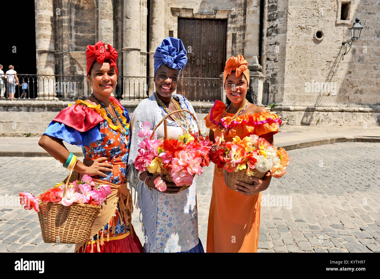 Havana Cuba May Three Cuban Women Posing In Traditional