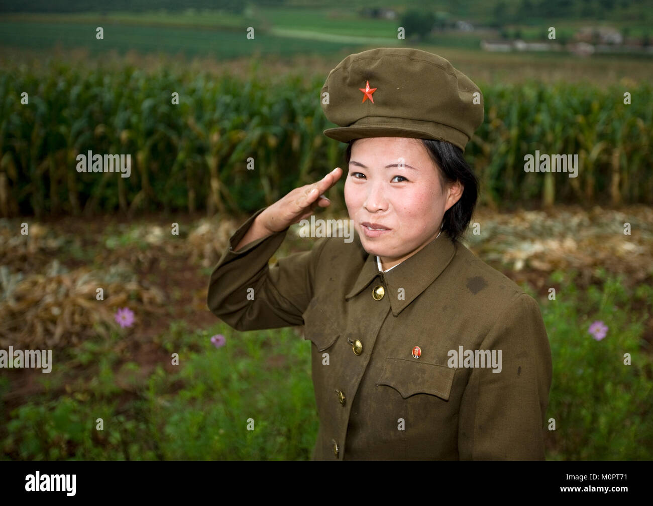 North Korean Female Soldier Saluting In The Countryside Hwanghae Province Kaesong Korea North Korean Female Soldier Saluting In The Countryside Hwanghae Province Kaesong Korea