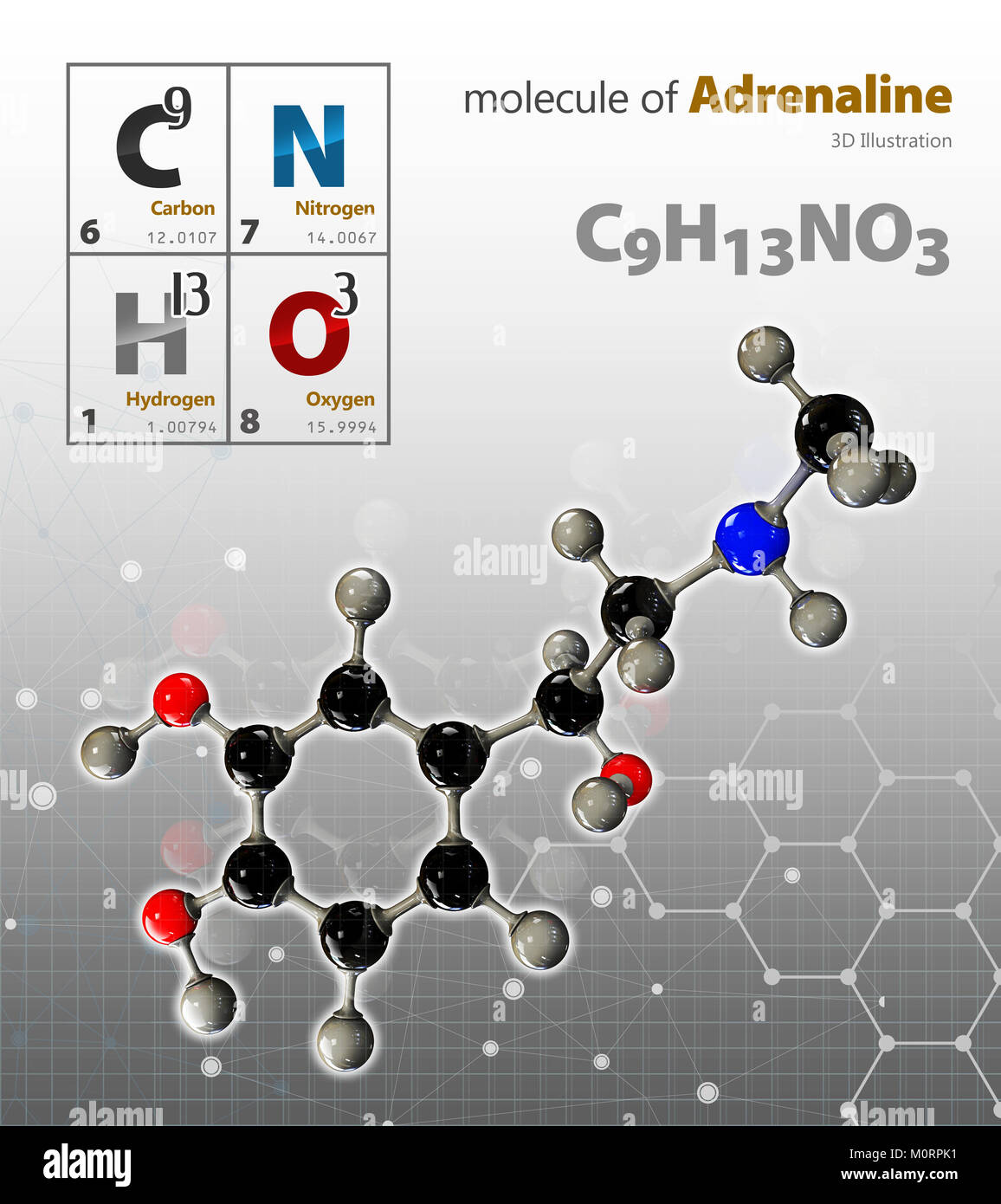 D Illustration Of Adrenaline Molecule Isolated Grey Background Stock