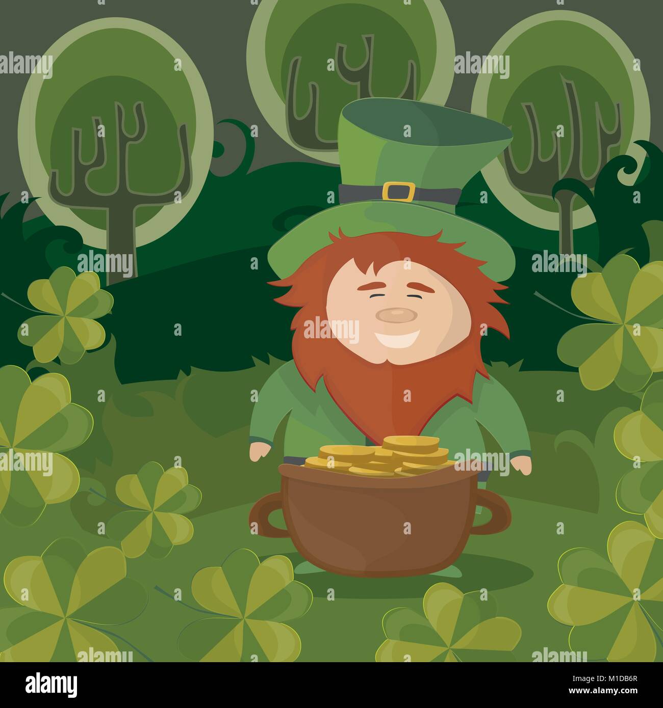 St Patricks Day Leprechaun With A Pot Of Gold Coins In A Forest Stock