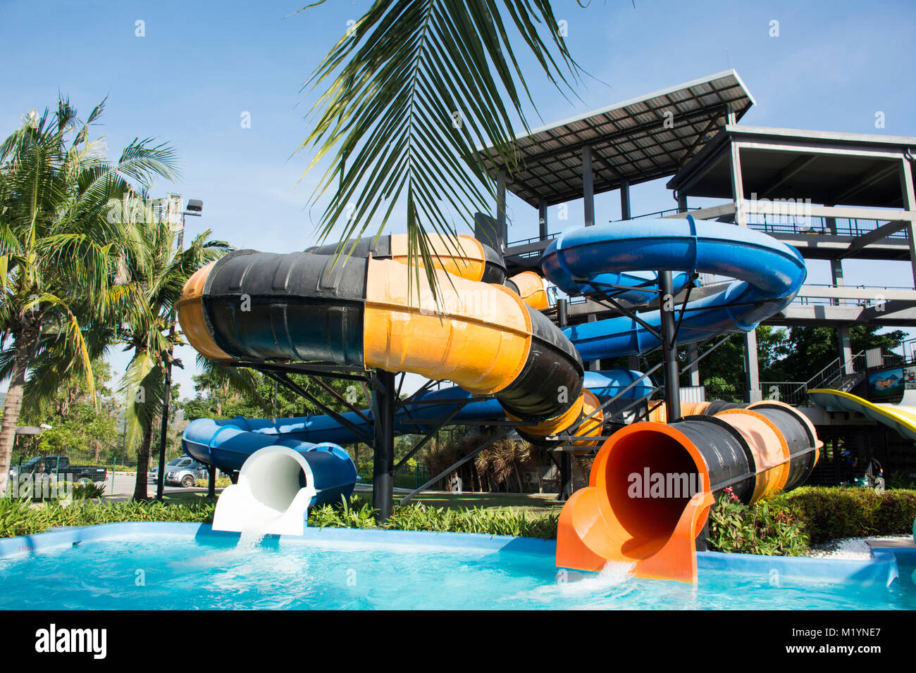 Big Slide Water And In Pool At Outdoor For People Playing Swimming Park Chonburi Thailand Big Slide Water And In Pool At Outdoor For People Playing Swimming Park Chonburi Thailand