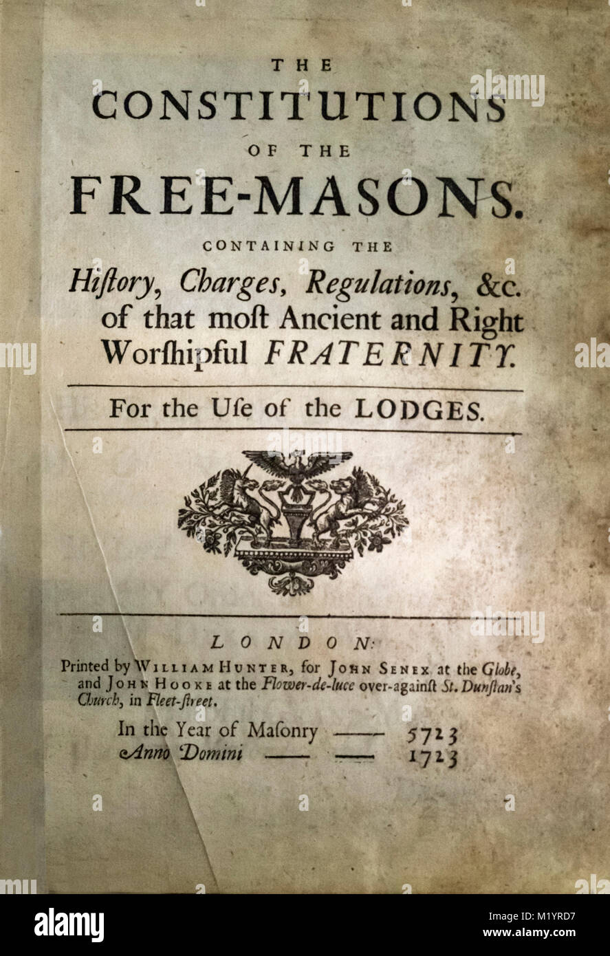 "The Constitutions of the Free-Masons", frontispiece of a 1723 edition of the constitution of the Freemasons.