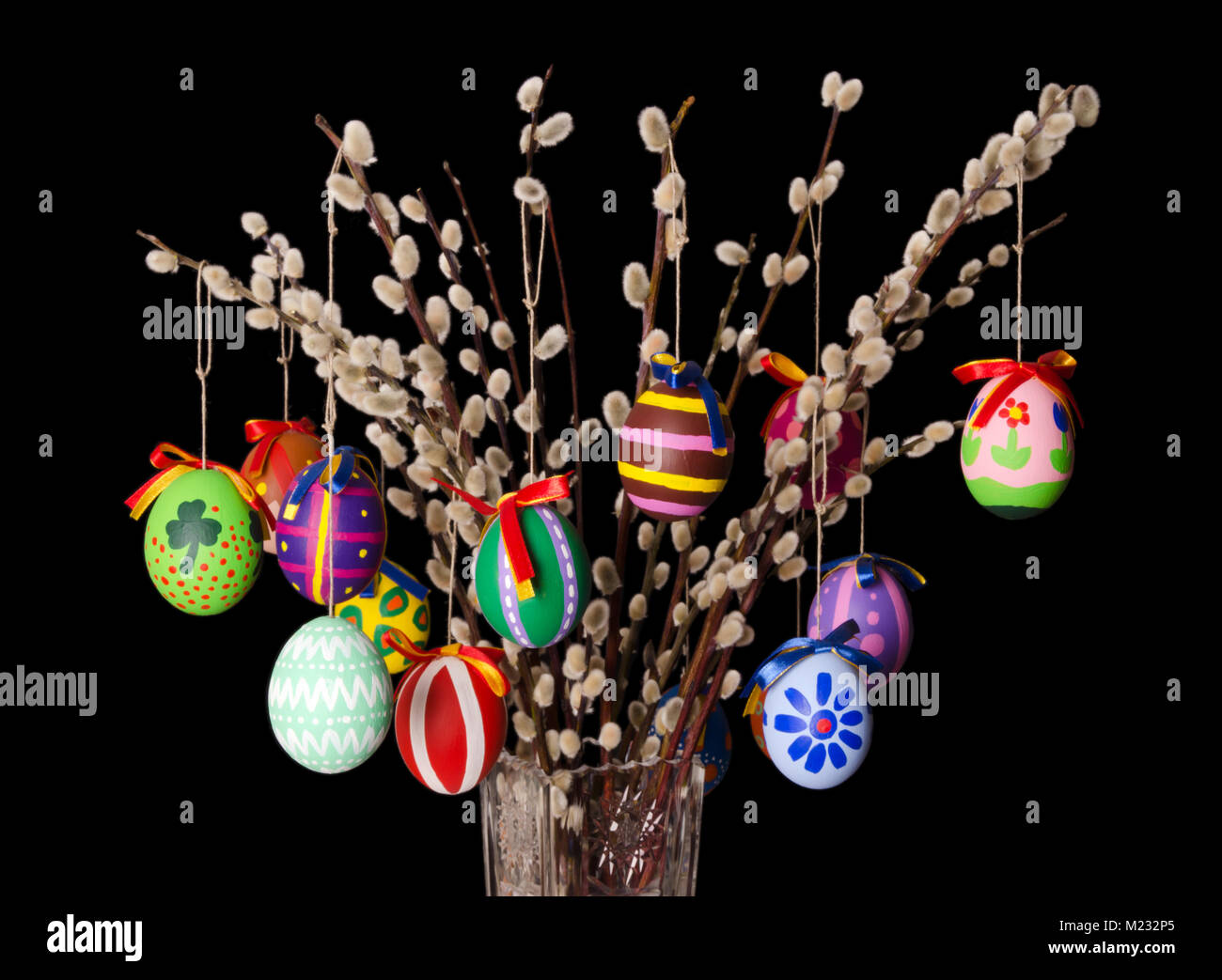 Colored Easter Eggs On Willow Bouquet With Pussy Willows Religious