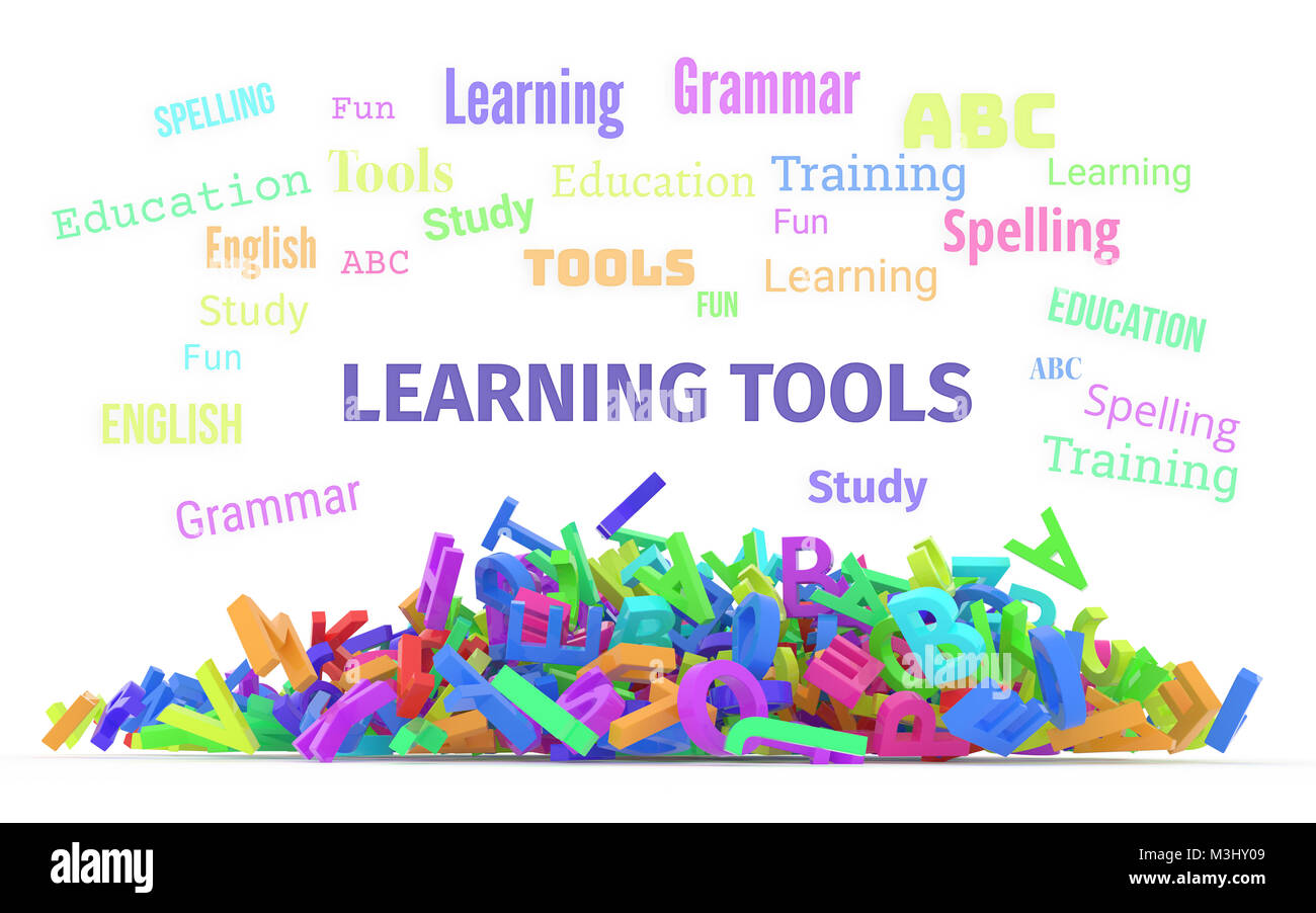 Learning Tools Conceptual Word Cloud With Stack Of Colorful Alphabets Letters From A To Z For Education Isolated On White Background 3D Rendered Ima
