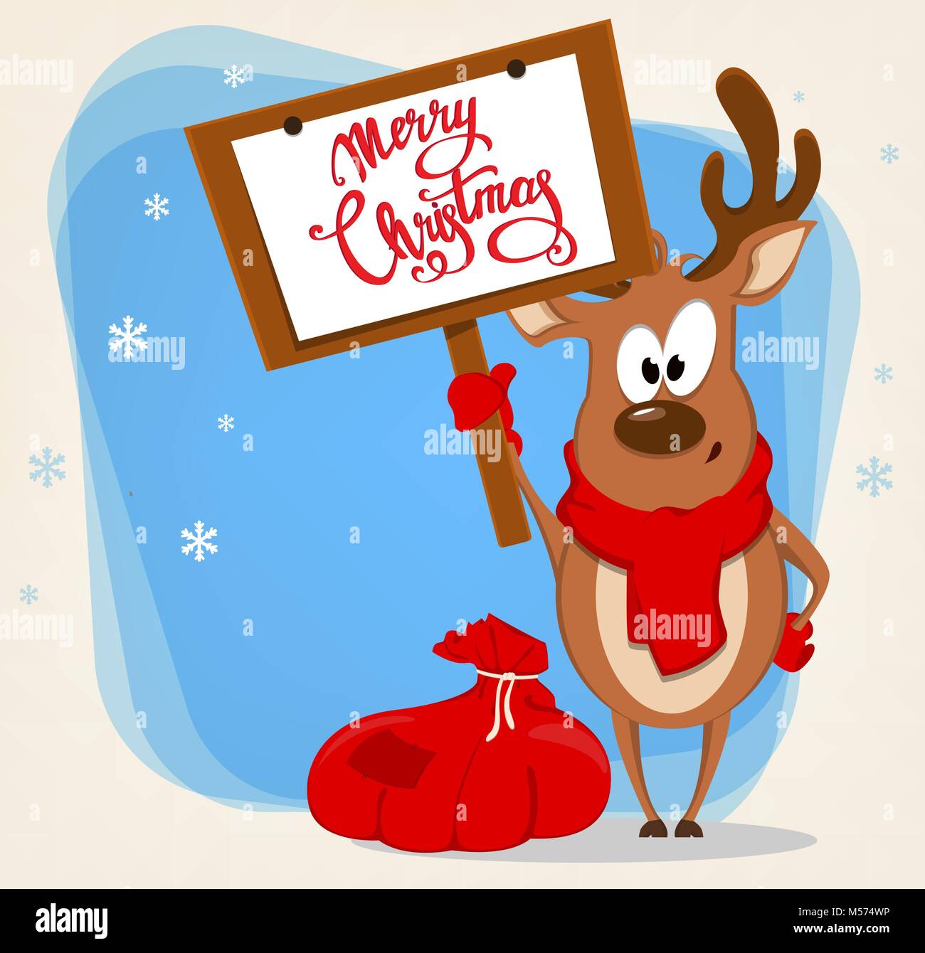 merry christmas greeting card with funny reindeer standing near bag with presents and holding placard with greetings vector illustration on blue back - Funny Merry Christmas Greetings merry christmas greeting card with funny reindeer standing near bag with presents and holding placard with greetings vector illustration on blue back - Funny Merry Christmas Greetings