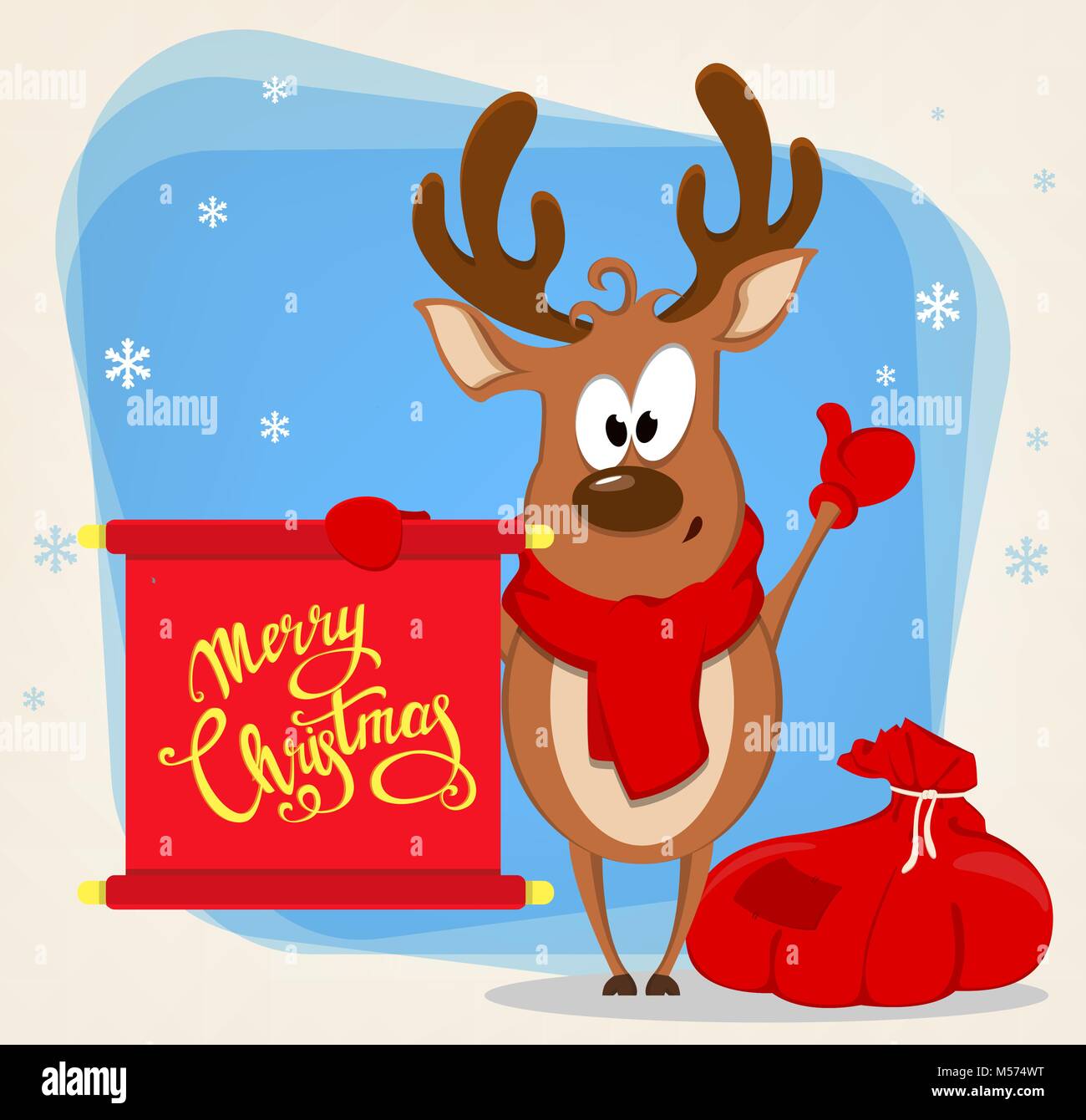 merry christmas greeting card with funny reindeer standing near bag with presents and holding scroll with greetings vector illustration on blue backg - Funny Merry Christmas Greetings merry christmas greeting card with funny reindeer standing near bag with presents and holding scroll with greetings vector illustration on blue backg - Funny Merry Christmas Greetings