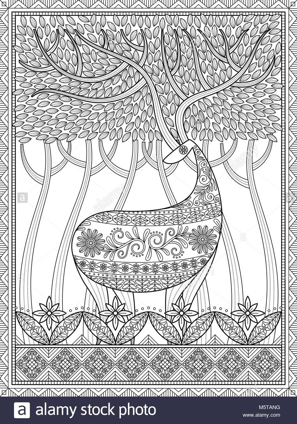 Elegant adult coloring page deer with big antlers in woodland beautiful and mysterious forest stress relief coloring page for you