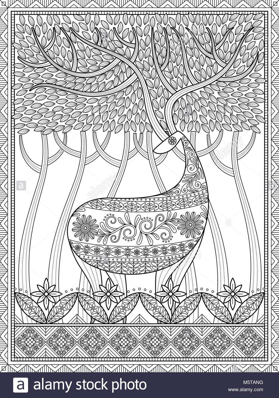 Elegant adult coloring page deer with big antlers in woodland Elegant adult coloring page deer with big antlers in woodland beautiful and mysterious forest stress relief coloring page for you