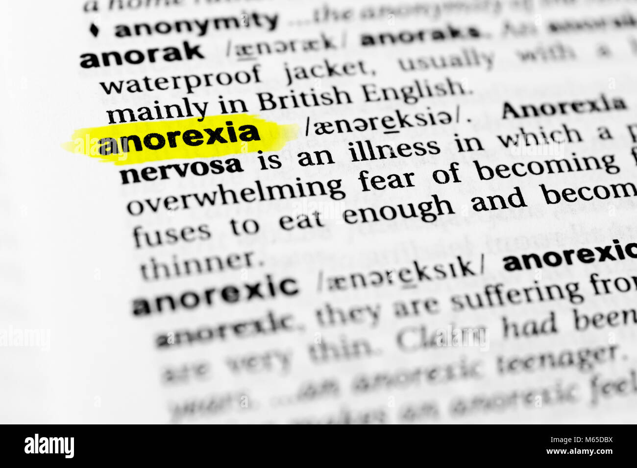 highlighted english word "anorexia" and its definition in the stock
